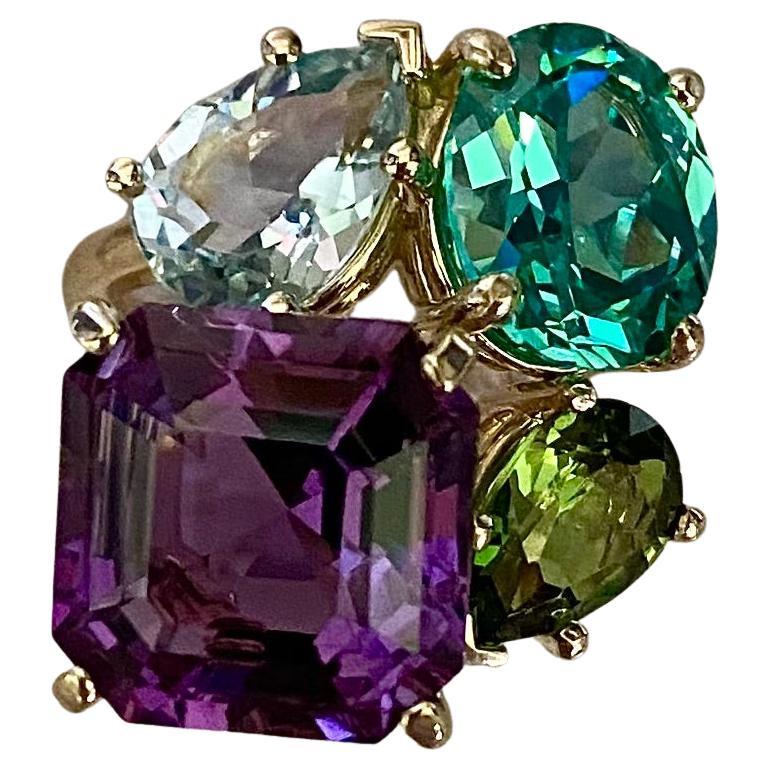 Michael Kneebone Amethyst Zircon Aquamarine Peridot Cluster Cocktail Ring For Sale