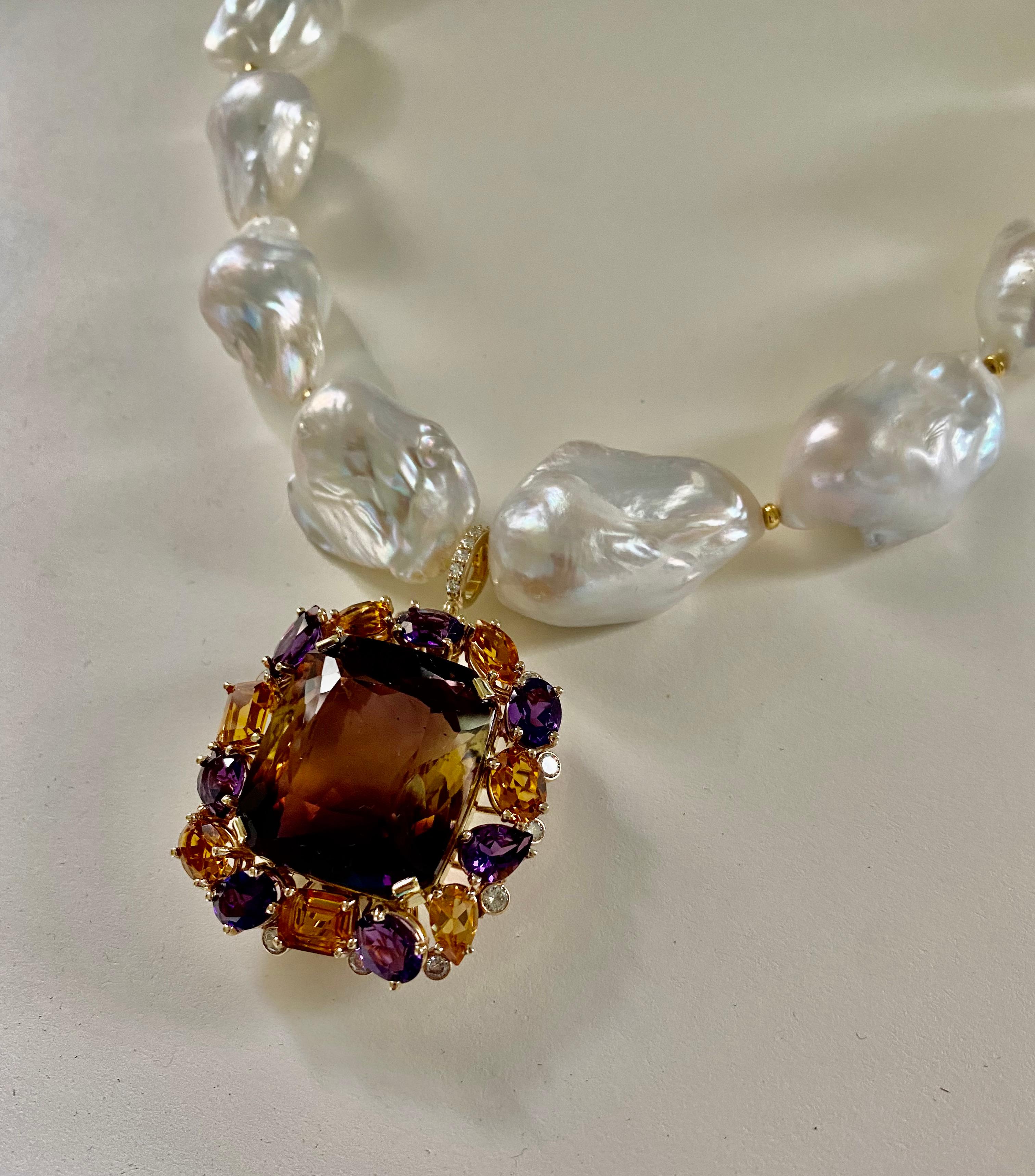 Michael Kneebone Ametrine Citrine Amethyst Diamond Baroque Pearl Necklace For Sale 6