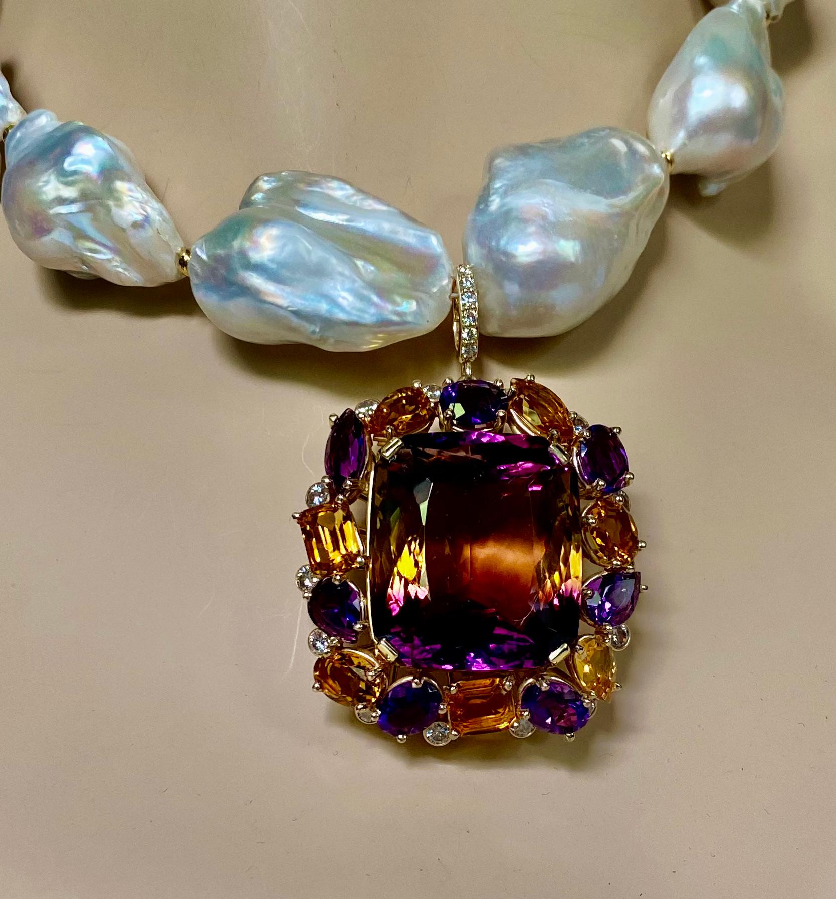 Contemporary Michael Kneebone Ametrine Citrine Amethyst Diamond Baroque Pearl Necklace For Sale