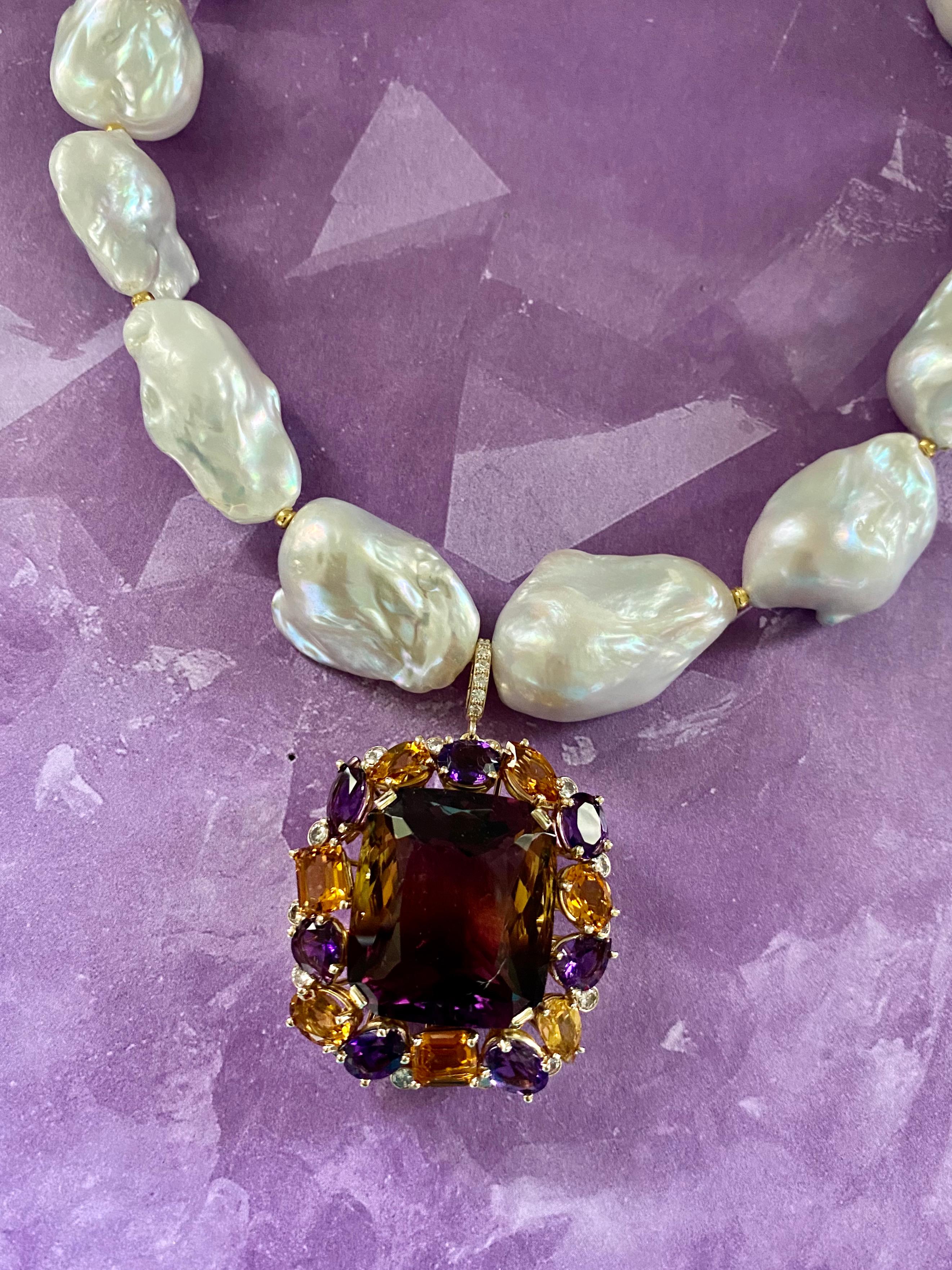 Mixed Cut Michael Kneebone Ametrine Citrine Amethyst Diamond Baroque Pearl Necklace For Sale