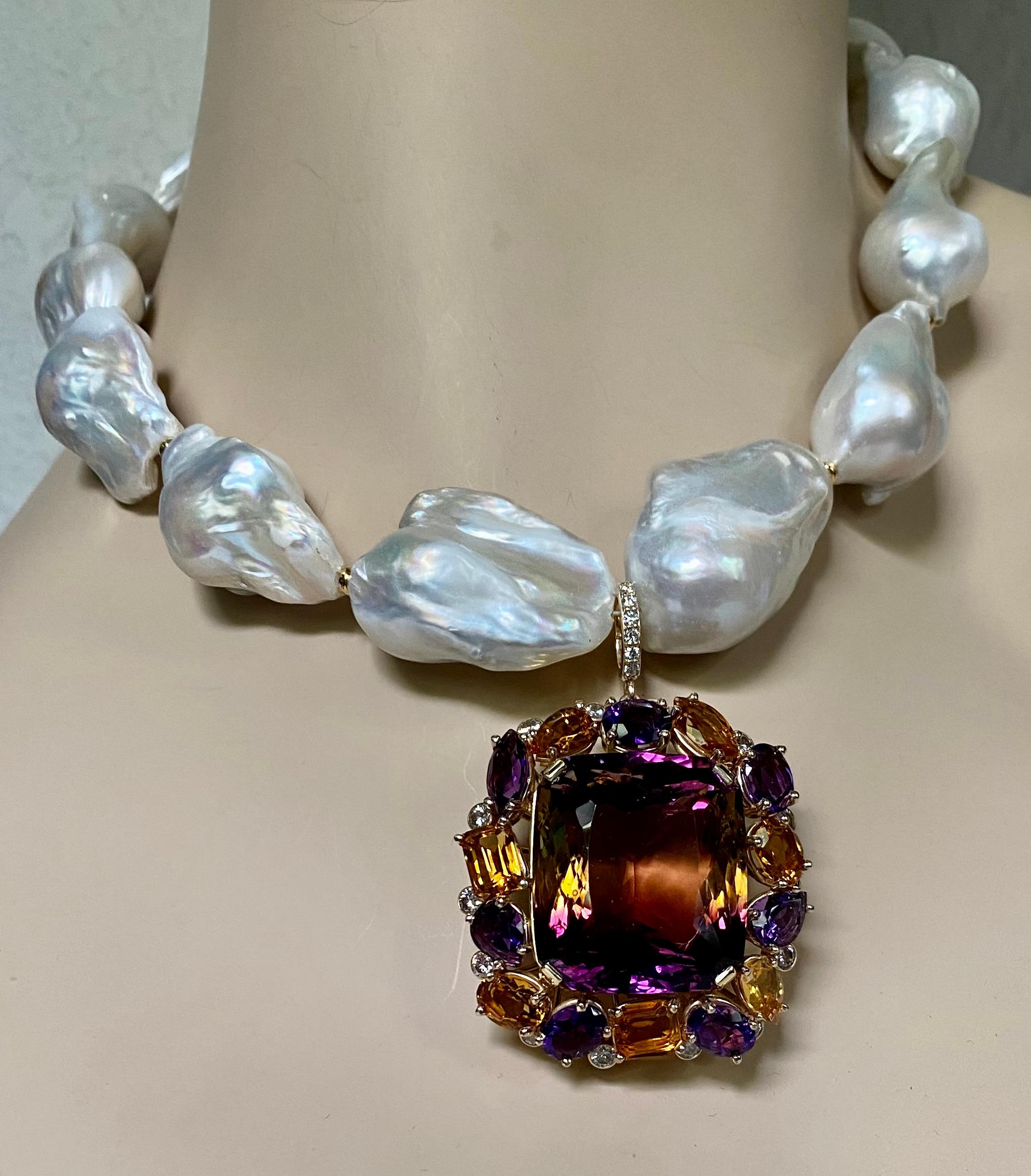 Michael Kneebone Ametrine Citrine Amethyst Diamond Baroque Pearl Necklace In New Condition For Sale In Austin, TX