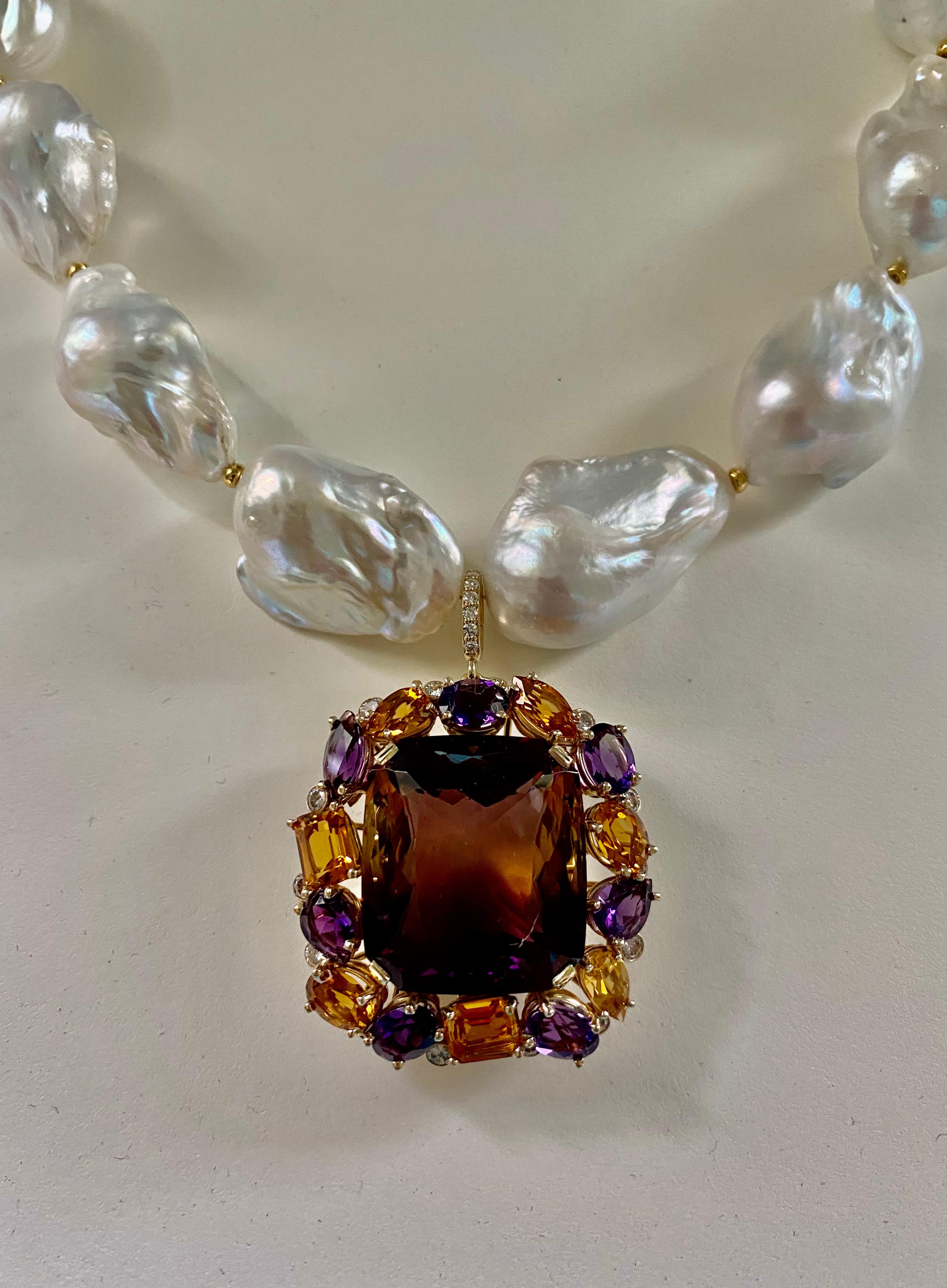 Women's Michael Kneebone Ametrine Citrine Amethyst Diamond Baroque Pearl Necklace For Sale
