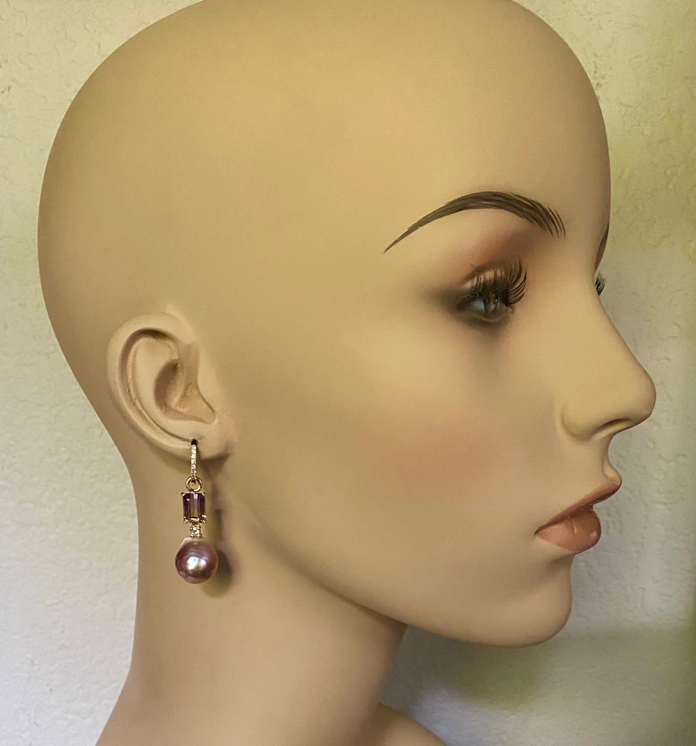 Michael Kneebone Ametrine Kasumi Perle Diamant Huggie Stil Ohrhänger (Gemischter Schliff) im Angebot