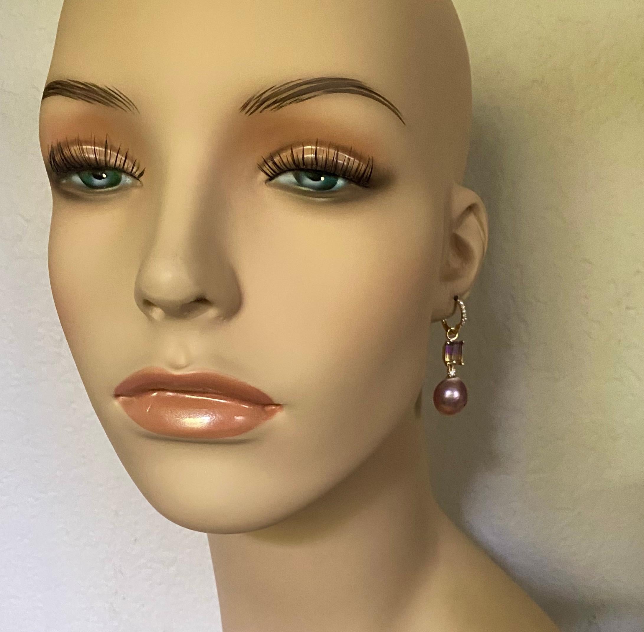 Michael Kneebone Ametrine Kasumi Perle Diamant Huggie Stil Ohrhänger für Damen oder Herren im Angebot
