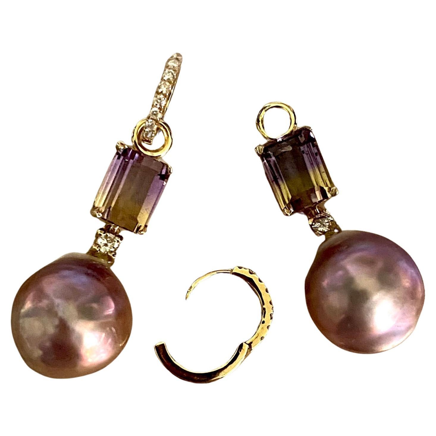 Michael Kneebone Ametrine Kasumi Pearl Diamond Huggie Style Dangle Earrings For Sale