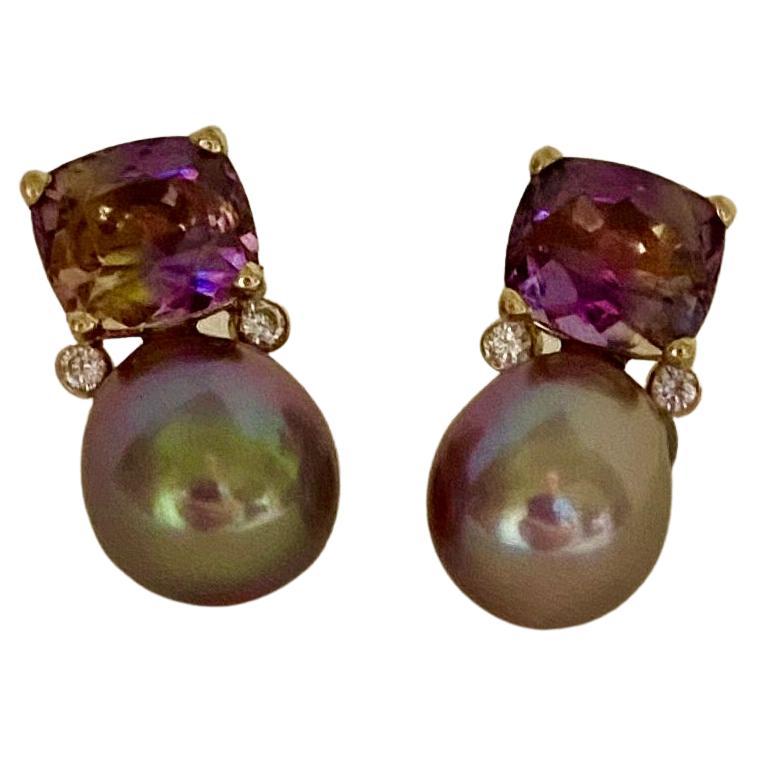 Michael Kneebone Ametrine Lavender Pearl Diamond Drop Earrings