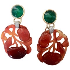 Michael Kneebone Antique Chinese Carnelian Chalcedony Diamond Dangle Earrings