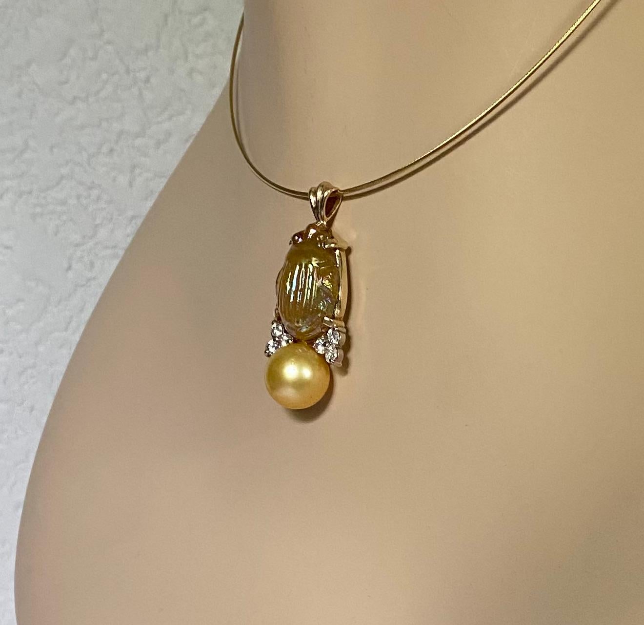 Contemporary Michael Kneebone Antique L. C. Tiffany Glass Scarab Diamond Golden Pearl Pendant