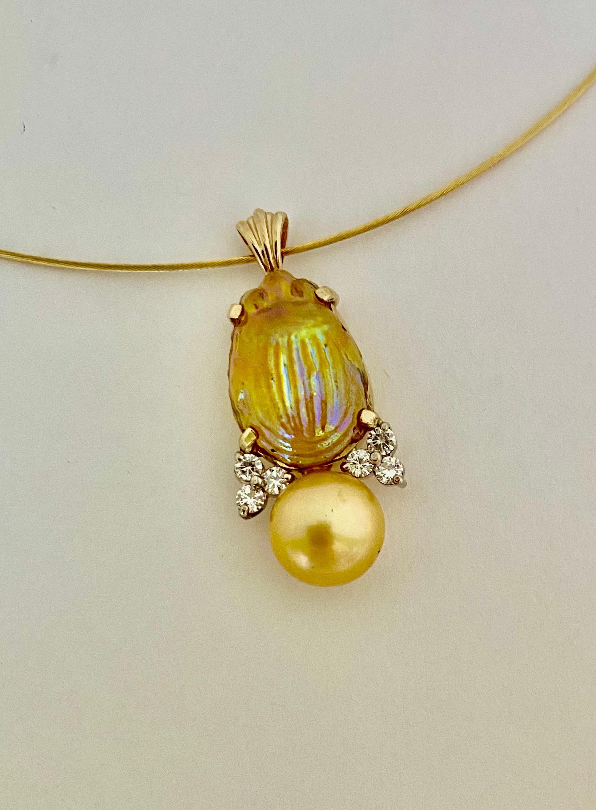 Mixed Cut Michael Kneebone Antique L. C. Tiffany Glass Scarab Diamond Golden Pearl Pendant