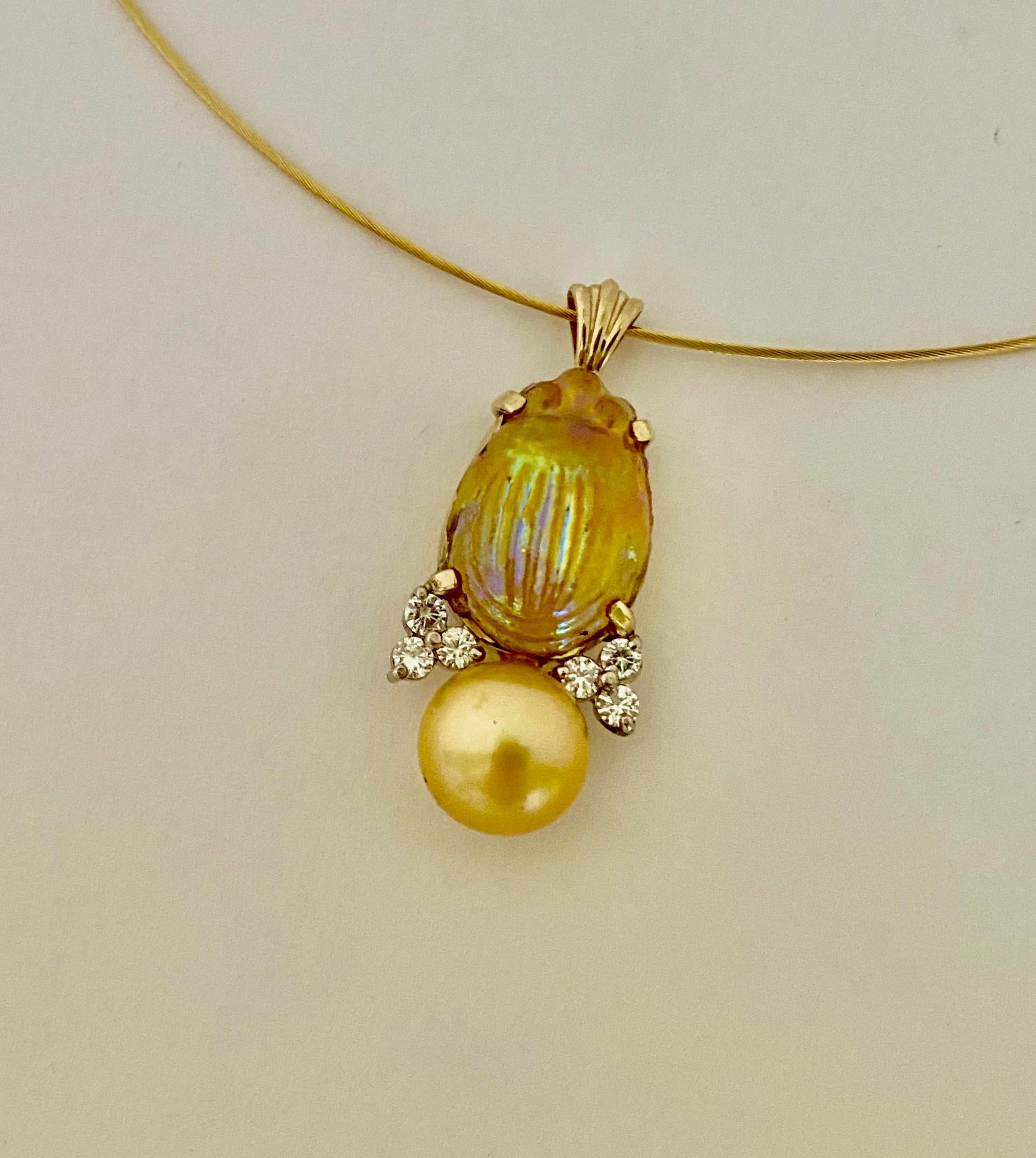Michael Kneebone Antique L. C. Tiffany Glass Scarab Diamond Golden Pearl Pendant In New Condition In Austin, TX