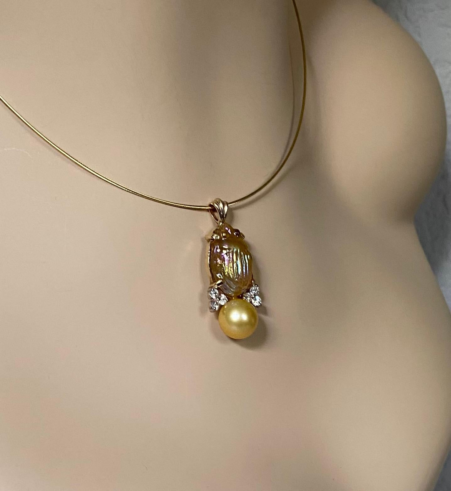 Women's or Men's Michael Kneebone Antique L. C. Tiffany Glass Scarab Diamond Golden Pearl Pendant