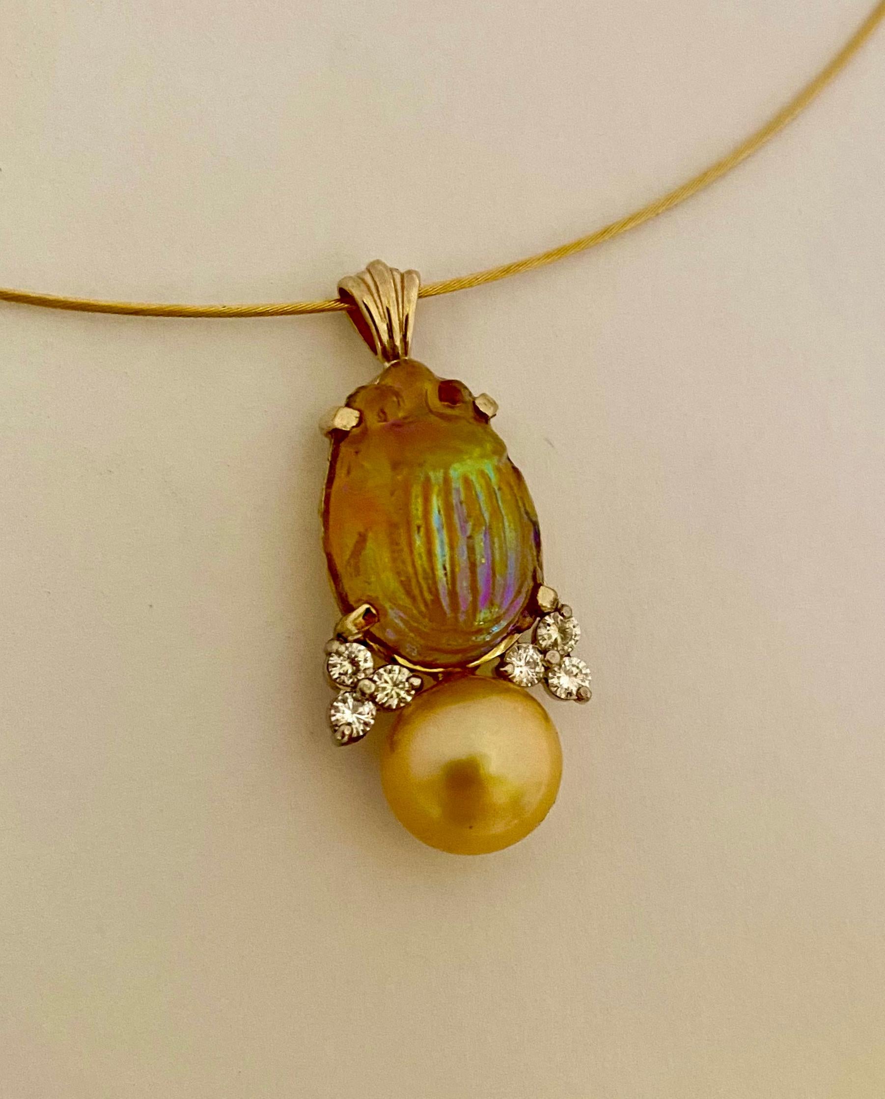 Michael Kneebone Antique L. C. Tiffany Glass Scarab Diamond Golden Pearl Pendant 1