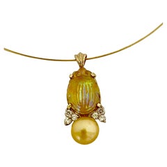 Michael Kneebone Antique L. C. Tiffany Glass Scarab Diamond Golden Pearl Pendant