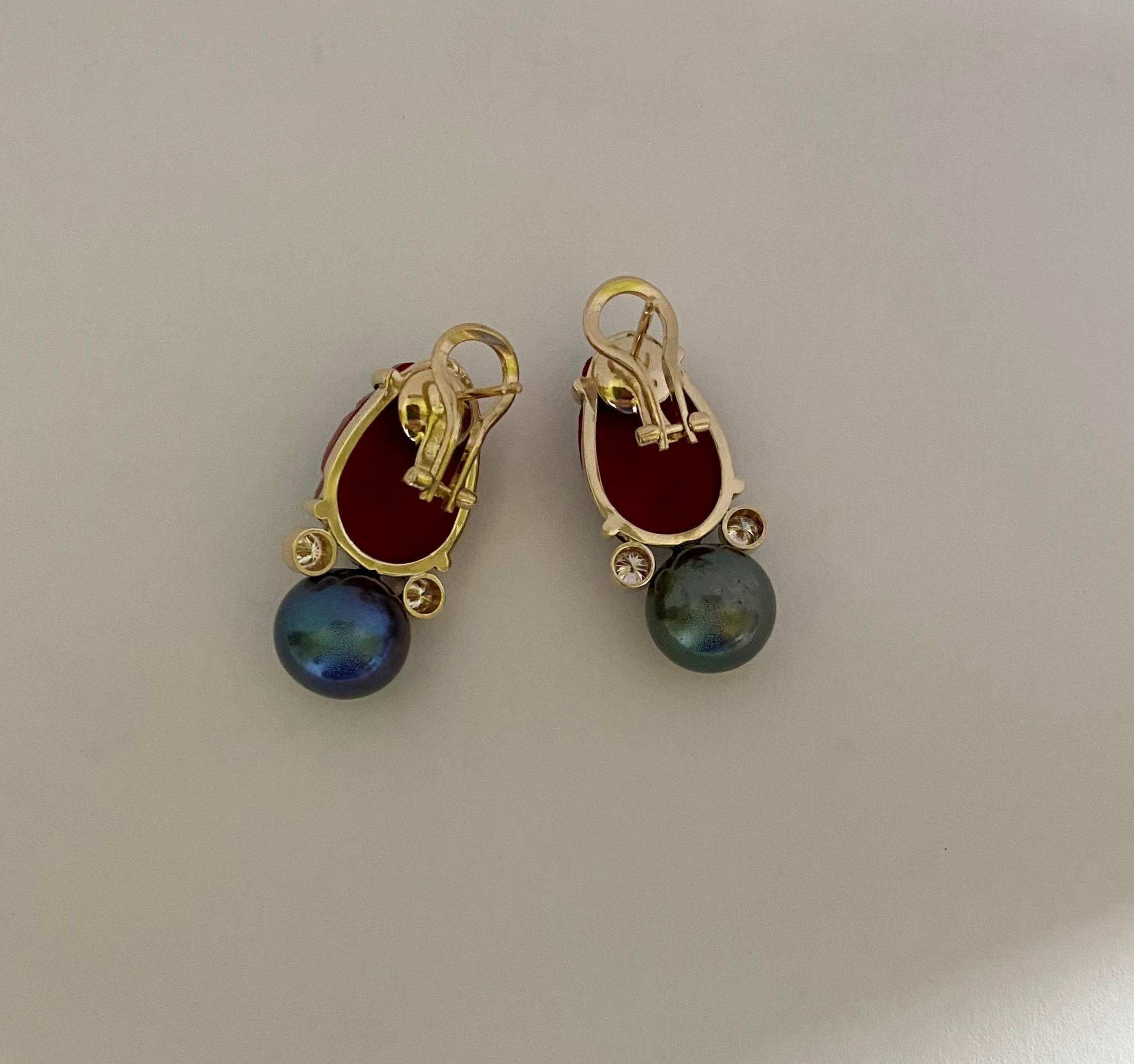 Michael Kneebone Antique Tiffany Glass Scarab Tahitian Pearl Diamond Earrings 3