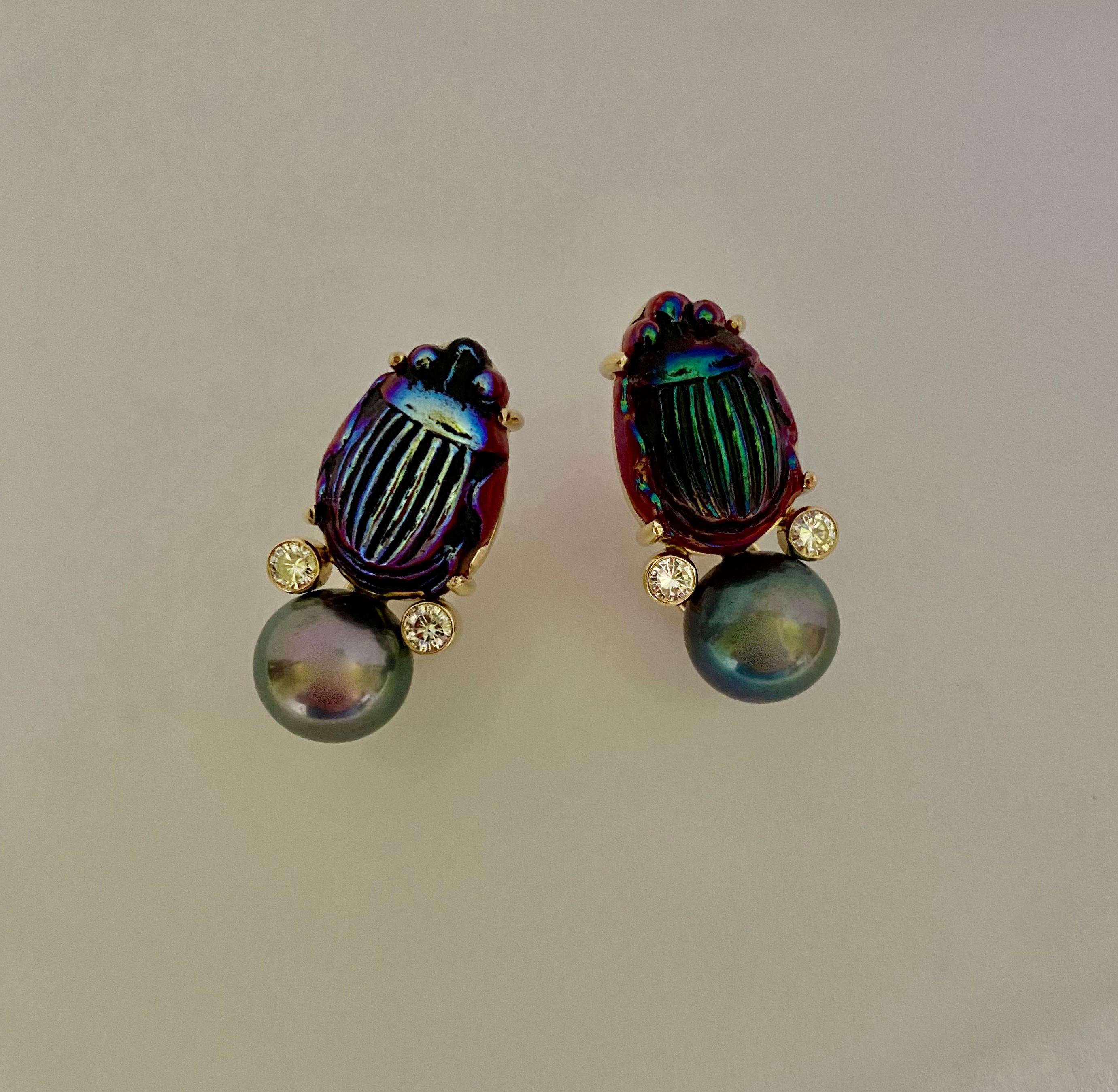 Egyptian Revival Michael Kneebone Antique Tiffany Glass Scarab Tahitian Pearl Diamond Earrings