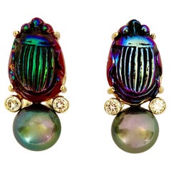 Michael Kneebone Antique Tiffany Glass Scarab Tahitian Pearl Diamond Earrings