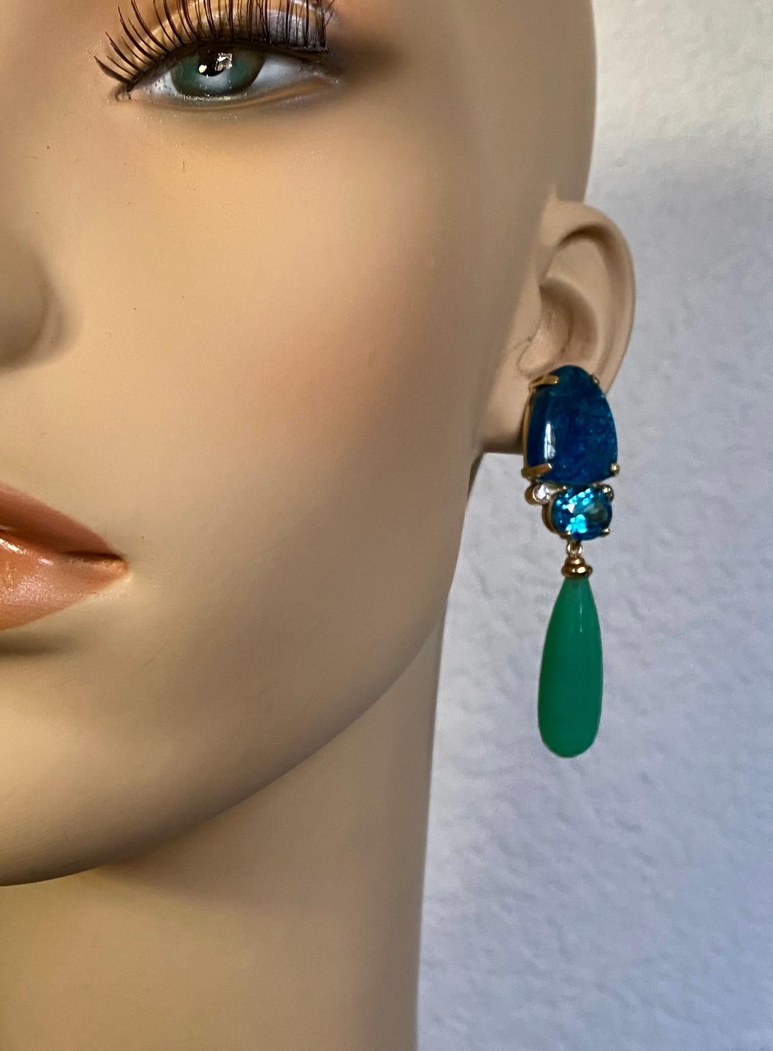 Michael Kneebone Apatite, Blue Topaz Diamond Chrysoprase Dangle Earrings For Sale 4