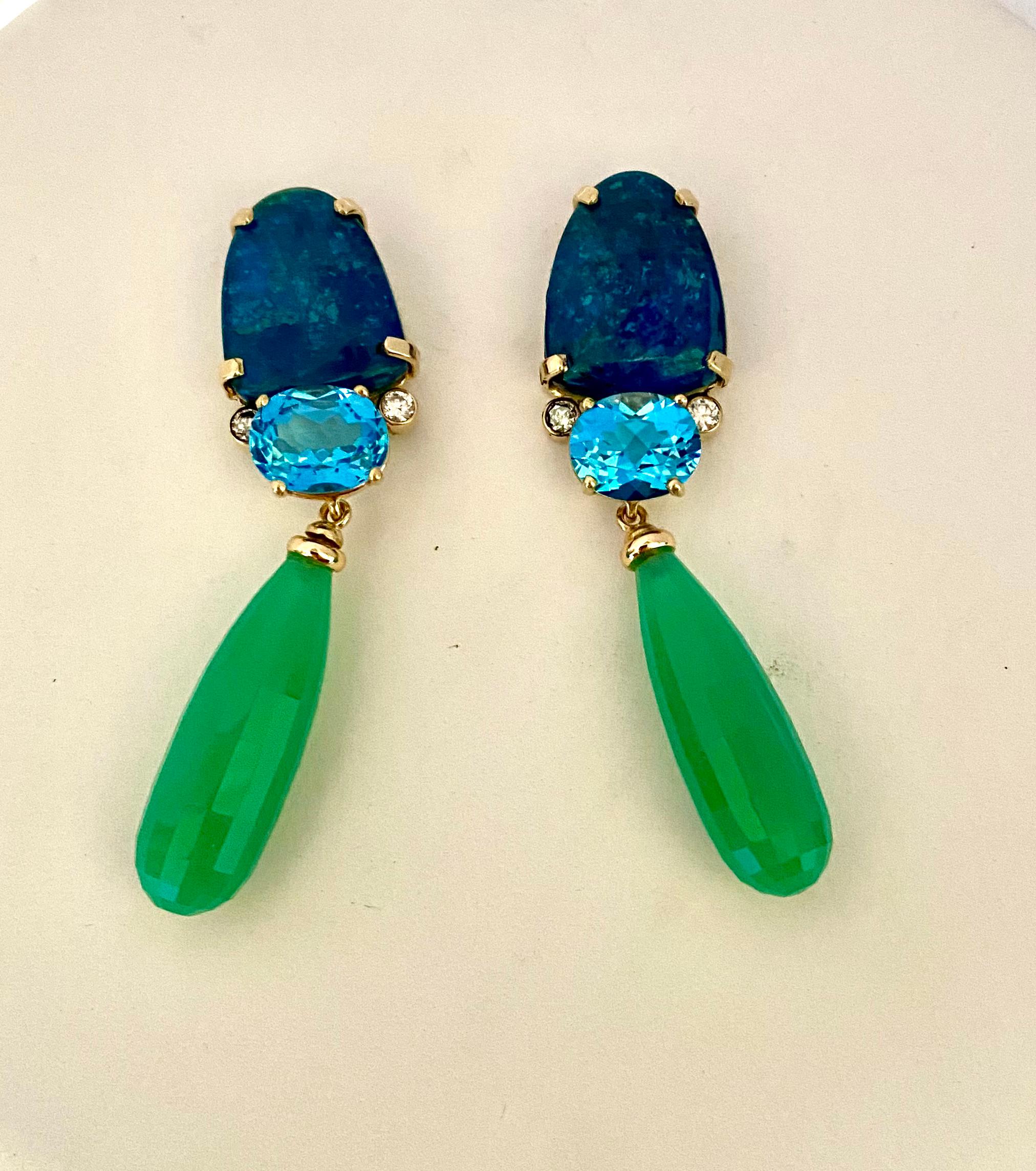 Contemporary Michael Kneebone Apatite, Blue Topaz Diamond Chrysoprase Dangle Earrings For Sale