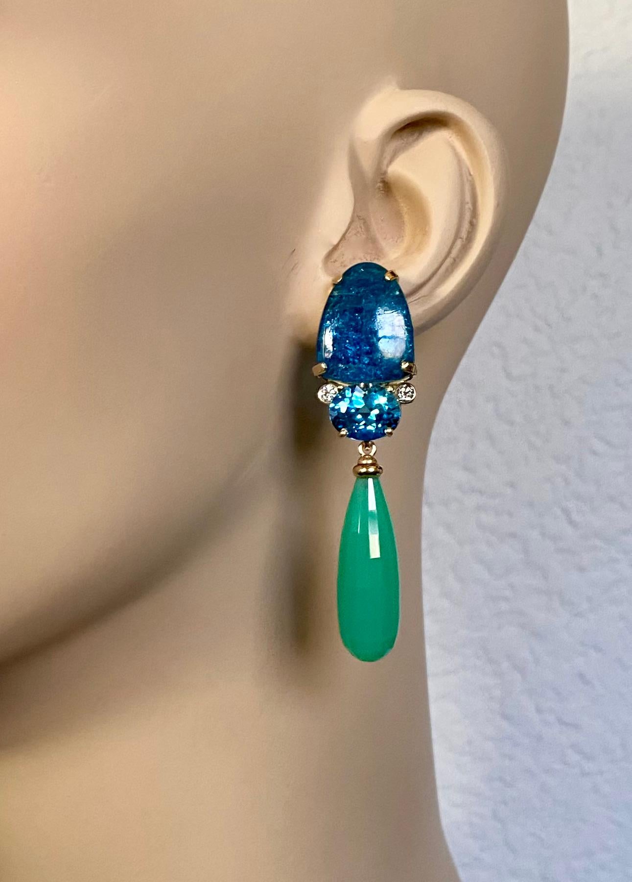 Mixed Cut Michael Kneebone Apatite, Blue Topaz Diamond Chrysoprase Dangle Earrings For Sale