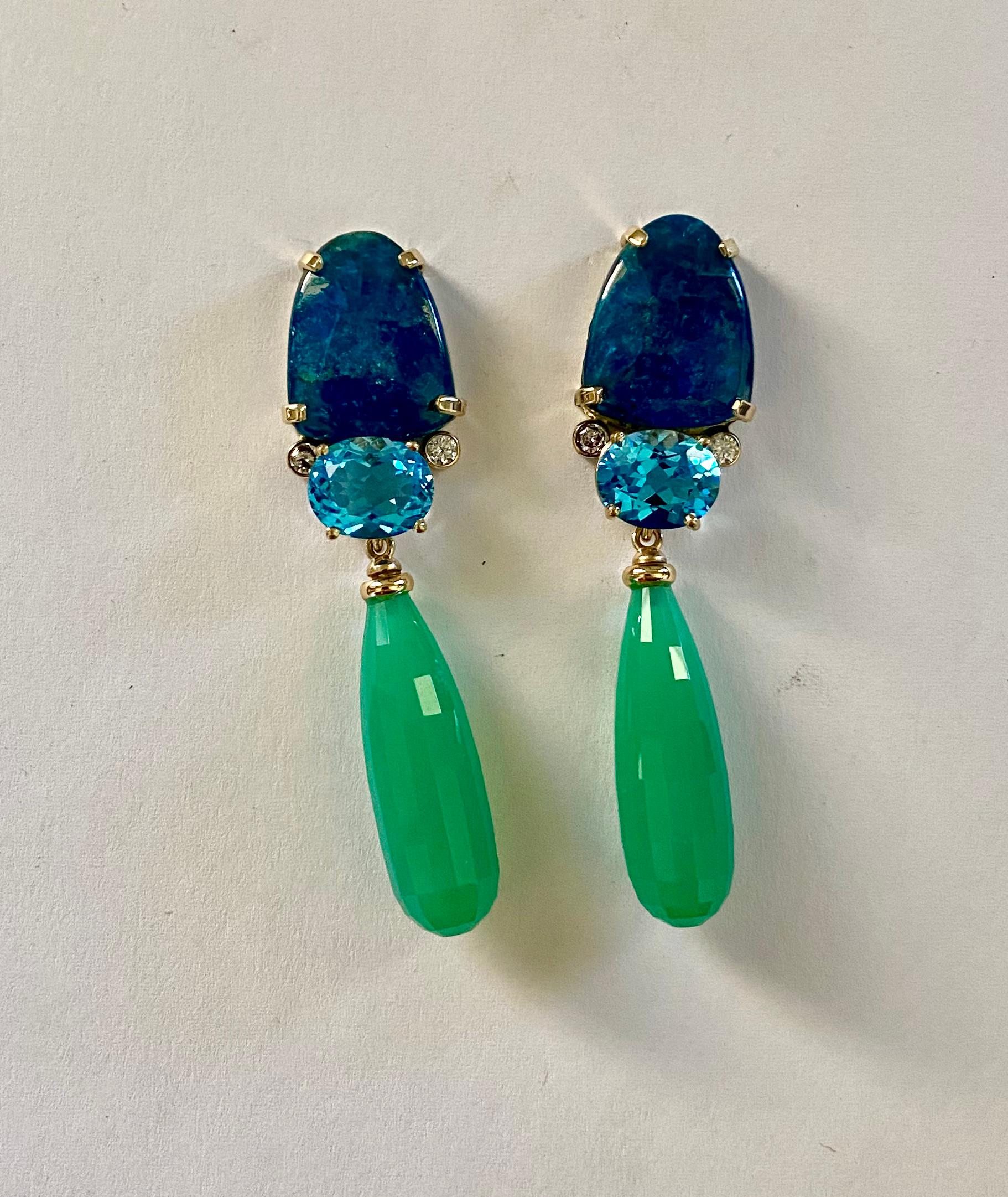 Michael Kneebone Apatite, Blue Topaz Diamond Chrysoprase Dangle Earrings In New Condition For Sale In Austin, TX