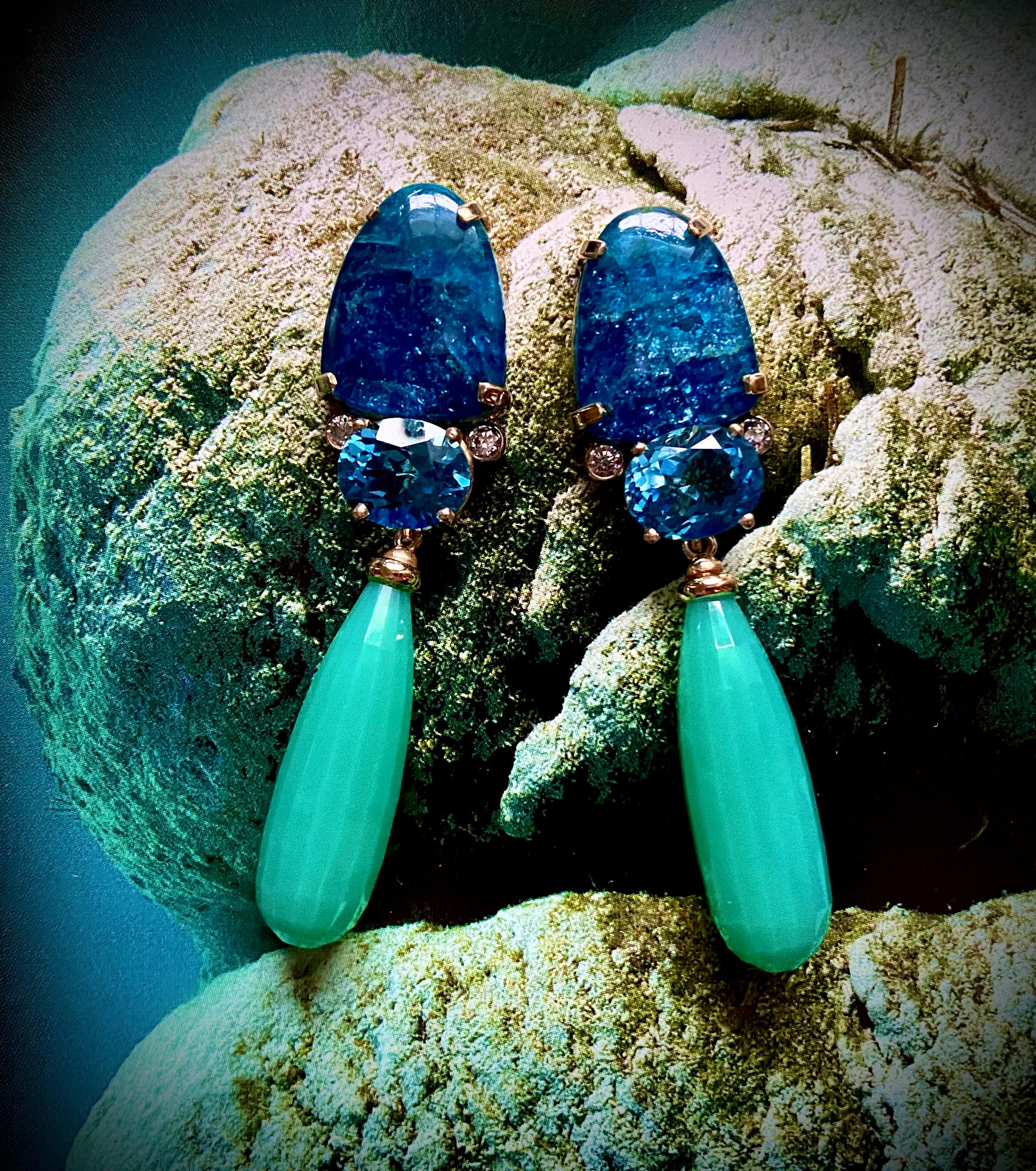 Michael Kneebone Apatite, Blue Topaz Diamond Chrysoprase Dangle Earrings For Sale 1