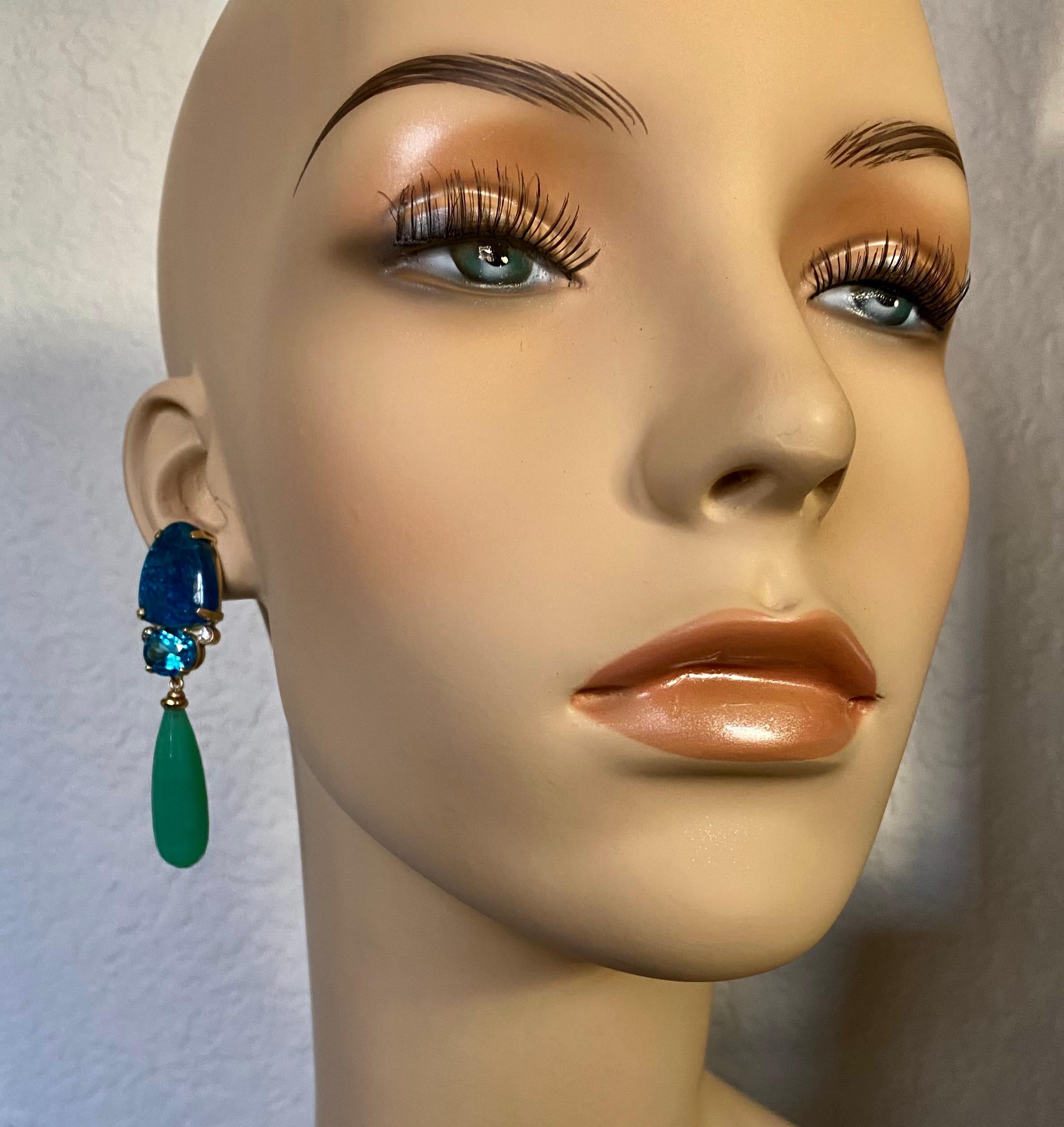 Michael Kneebone Apatite, Blue Topaz Diamond Chrysoprase Dangle Earrings For Sale 2