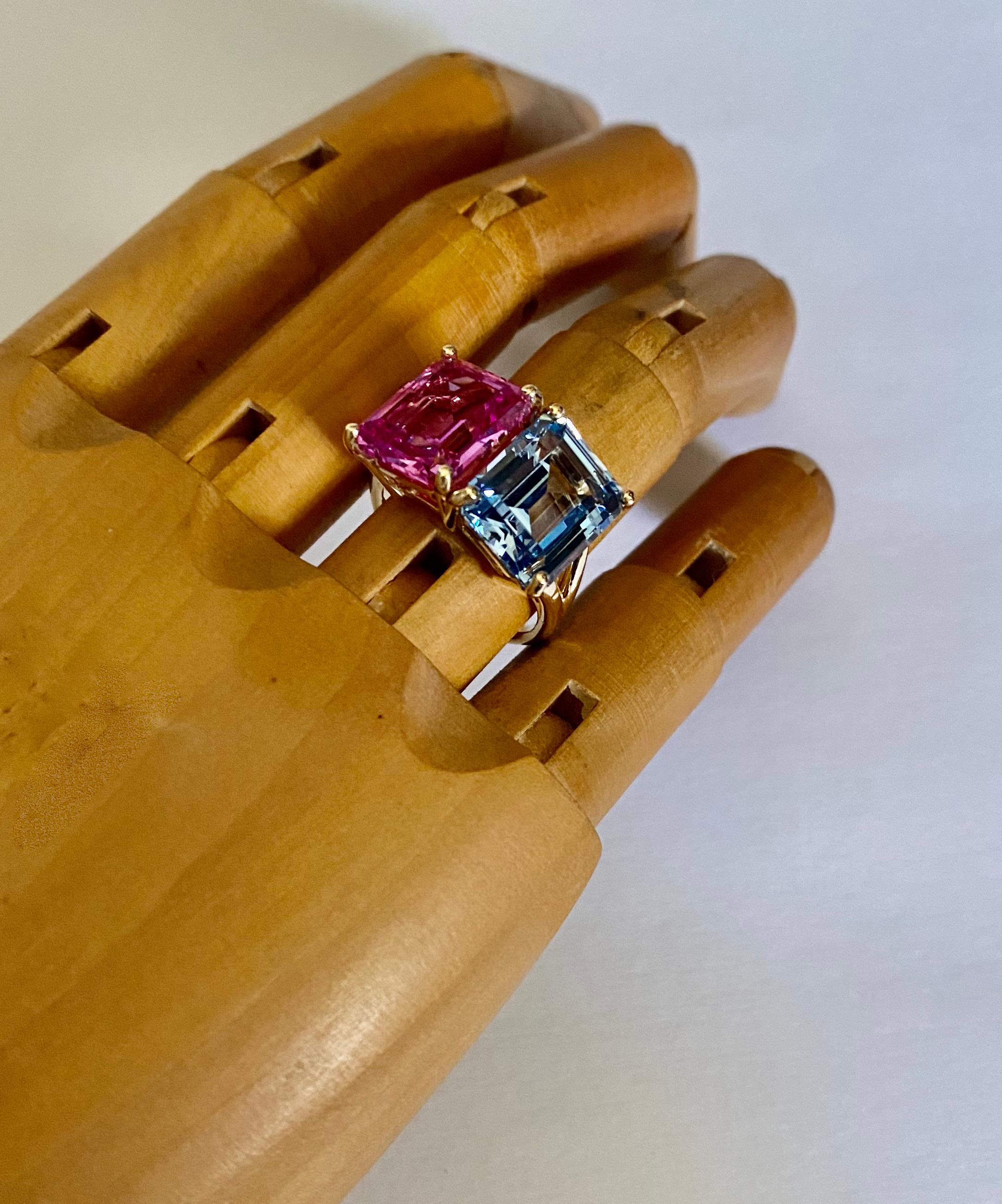 Contemporary Michael Kneebone Aquamarine Pink Topaz Due Gemme Ring For Sale