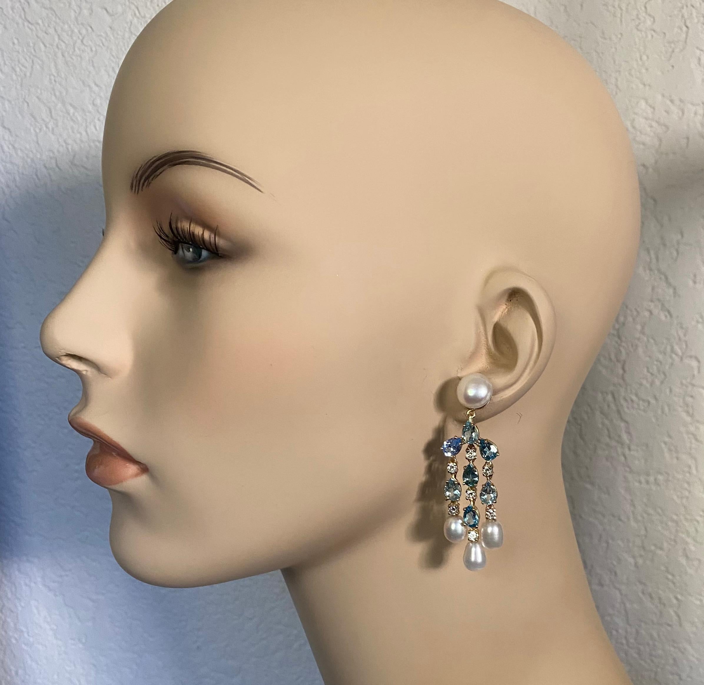 Michael Kneebone Aquamarine Tanzanite Zircon Diamond Pearl Chandelier Earrings For Sale 2
