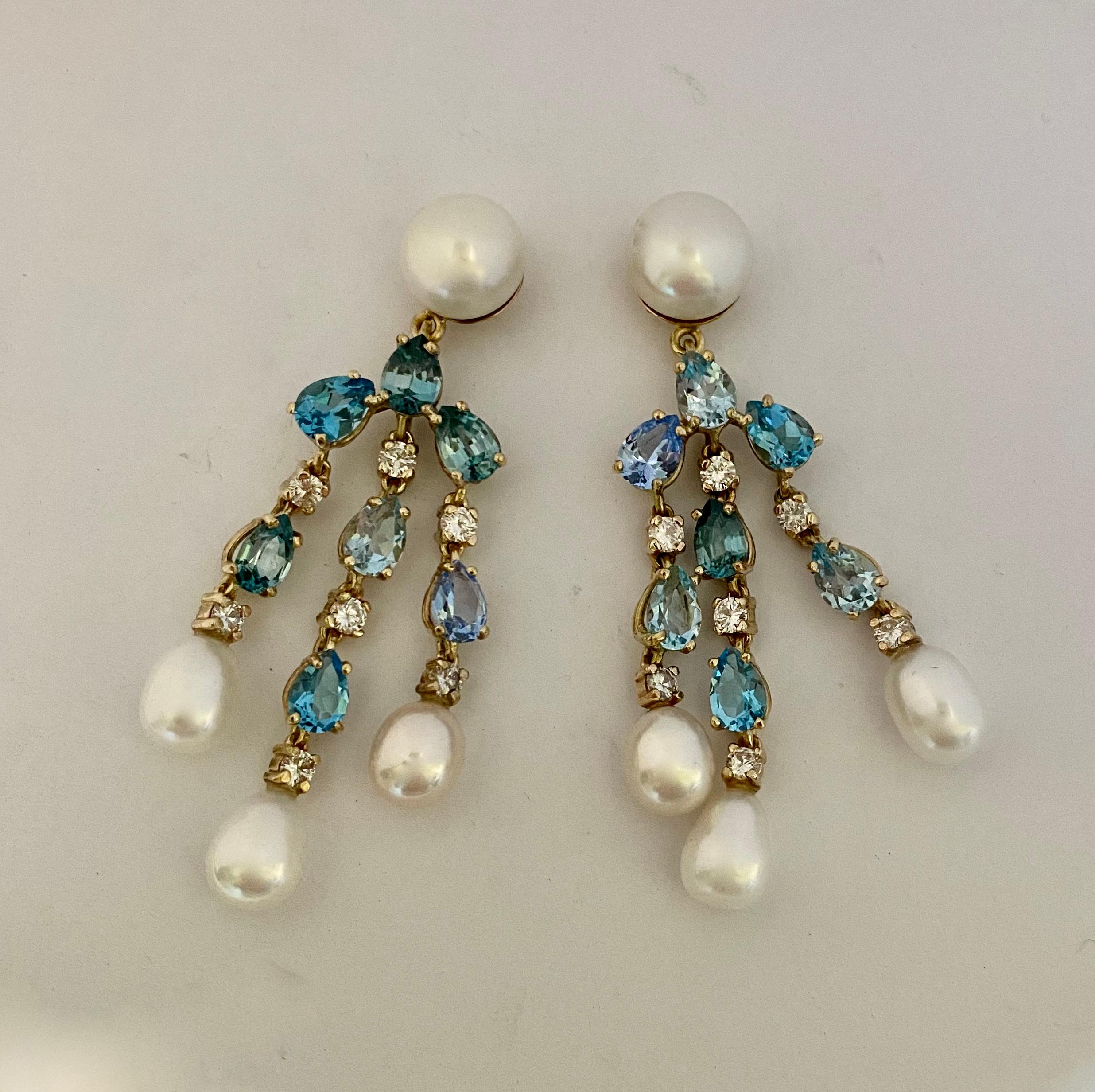 Contemporary Michael Kneebone Aquamarine Tanzanite Zircon Diamond Pearl Chandelier Earrings For Sale