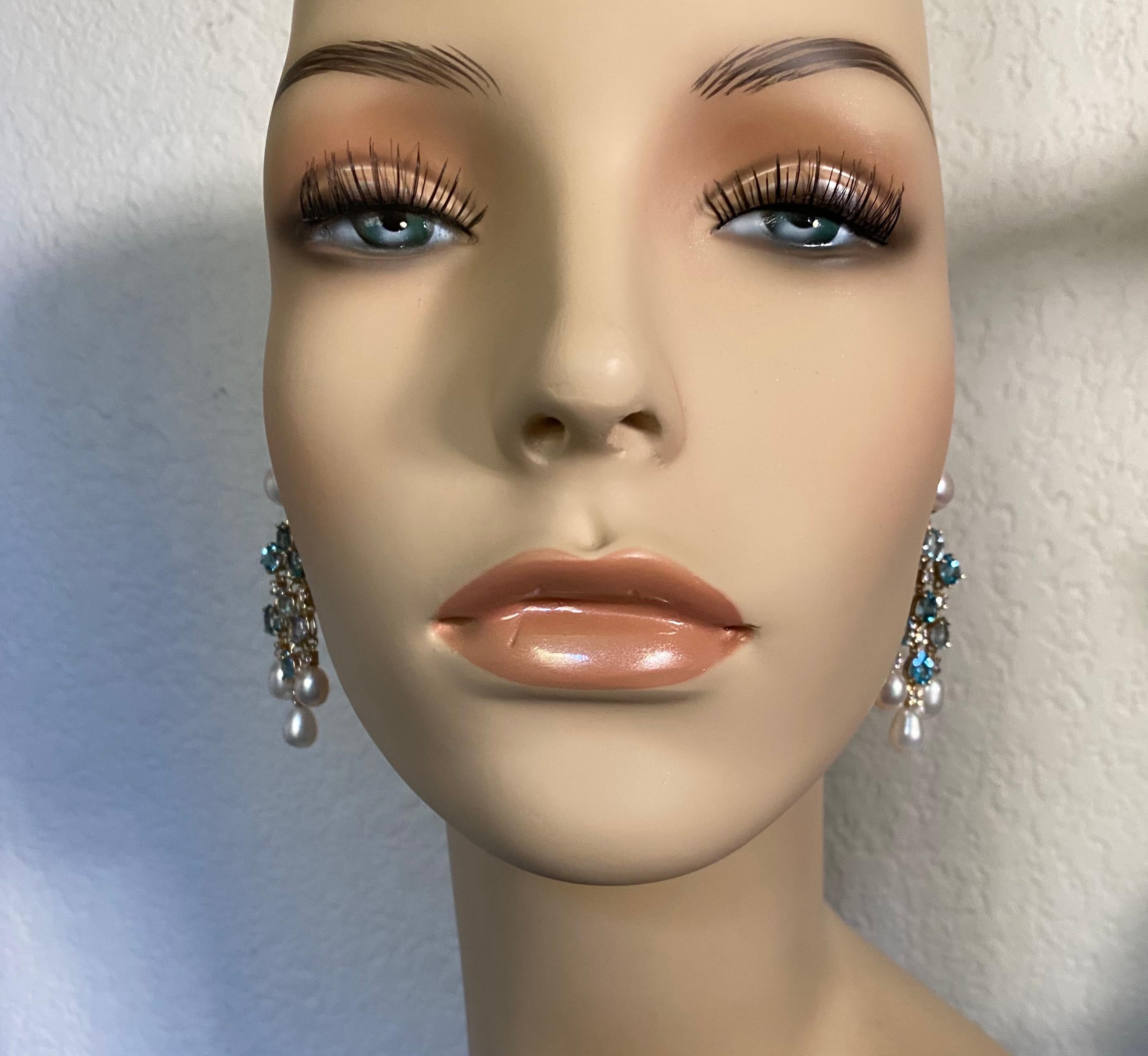 Pear Cut Michael Kneebone Aquamarine Tanzanite Zircon Diamond Pearl Chandelier Earrings For Sale