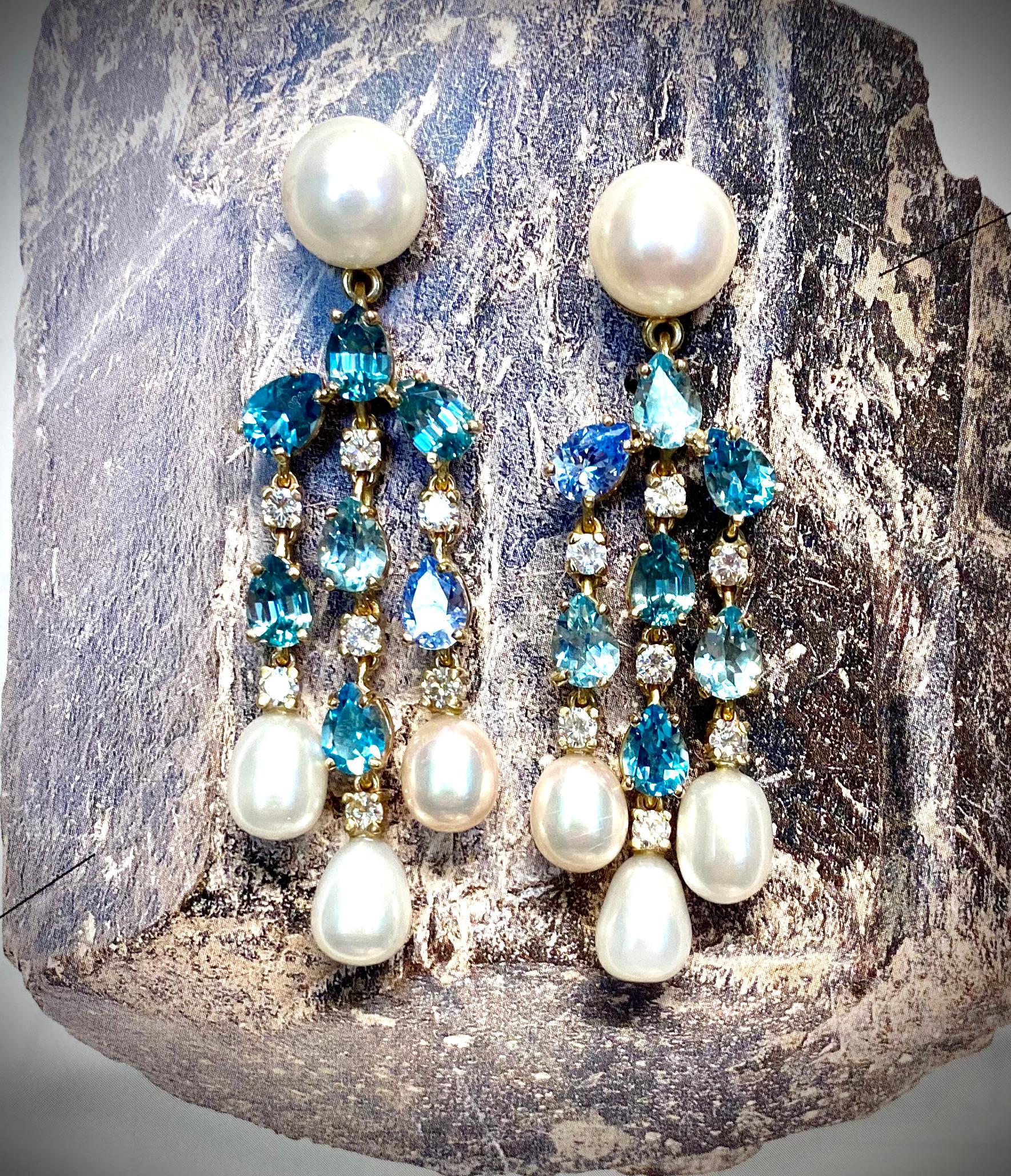 Michael Kneebone Aquamarine Tanzanite Zircon Diamond Pearl Chandelier Earrings In New Condition For Sale In Austin, TX