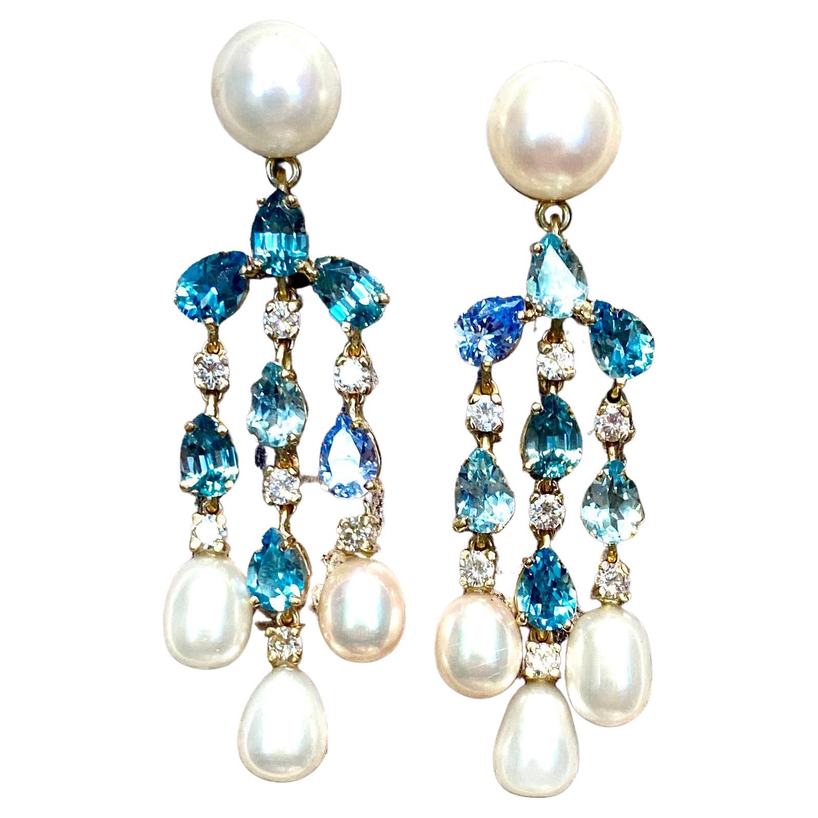 Michael Kneebone Aquamarine Tanzanite Zircon Diamond Pearl Chandelier Earrings For Sale