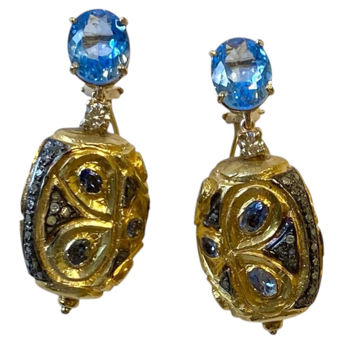 Michael Kneebone Aquamarine White Diamond Sapphire Black Diamond Dangle Earrings For Sale