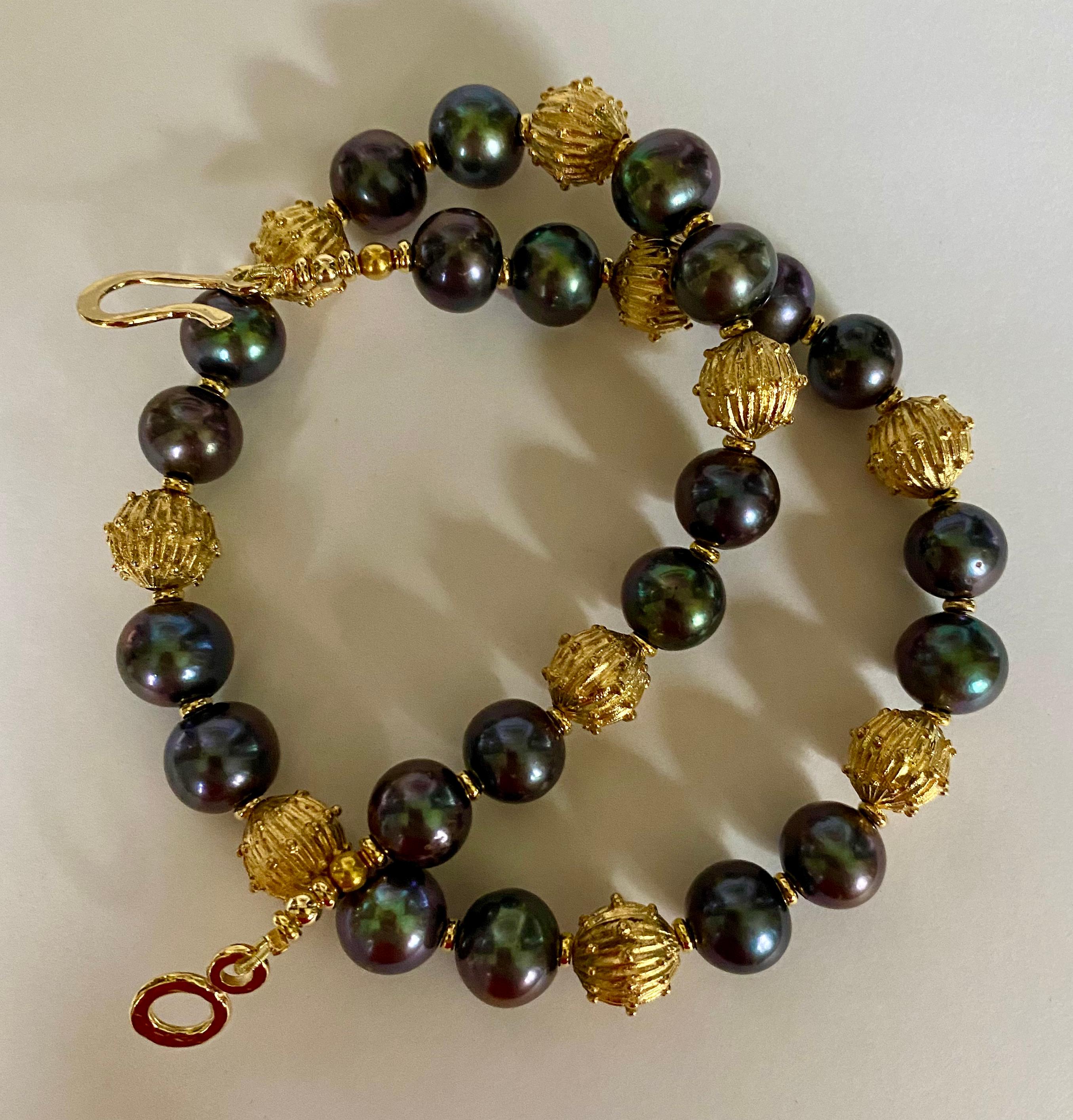 Contemporary Michael Kneebone Baroque Black Pearl Vermeil Granulated Bead Necklace For Sale
