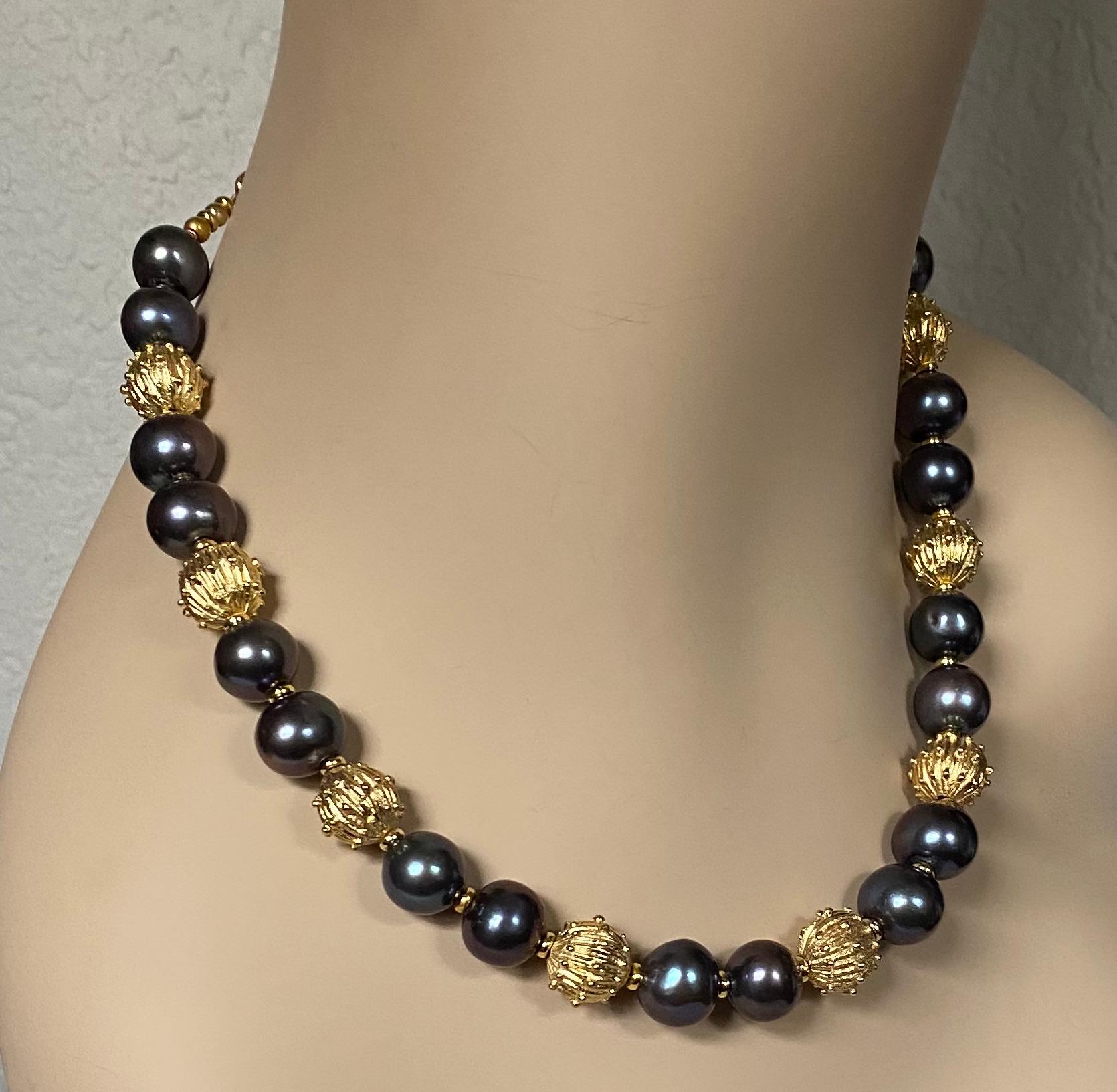 Michael Kneebone Baroque Black Pearl Vermeil Granulated Bead Necklace In New Condition For Sale In Austin, TX