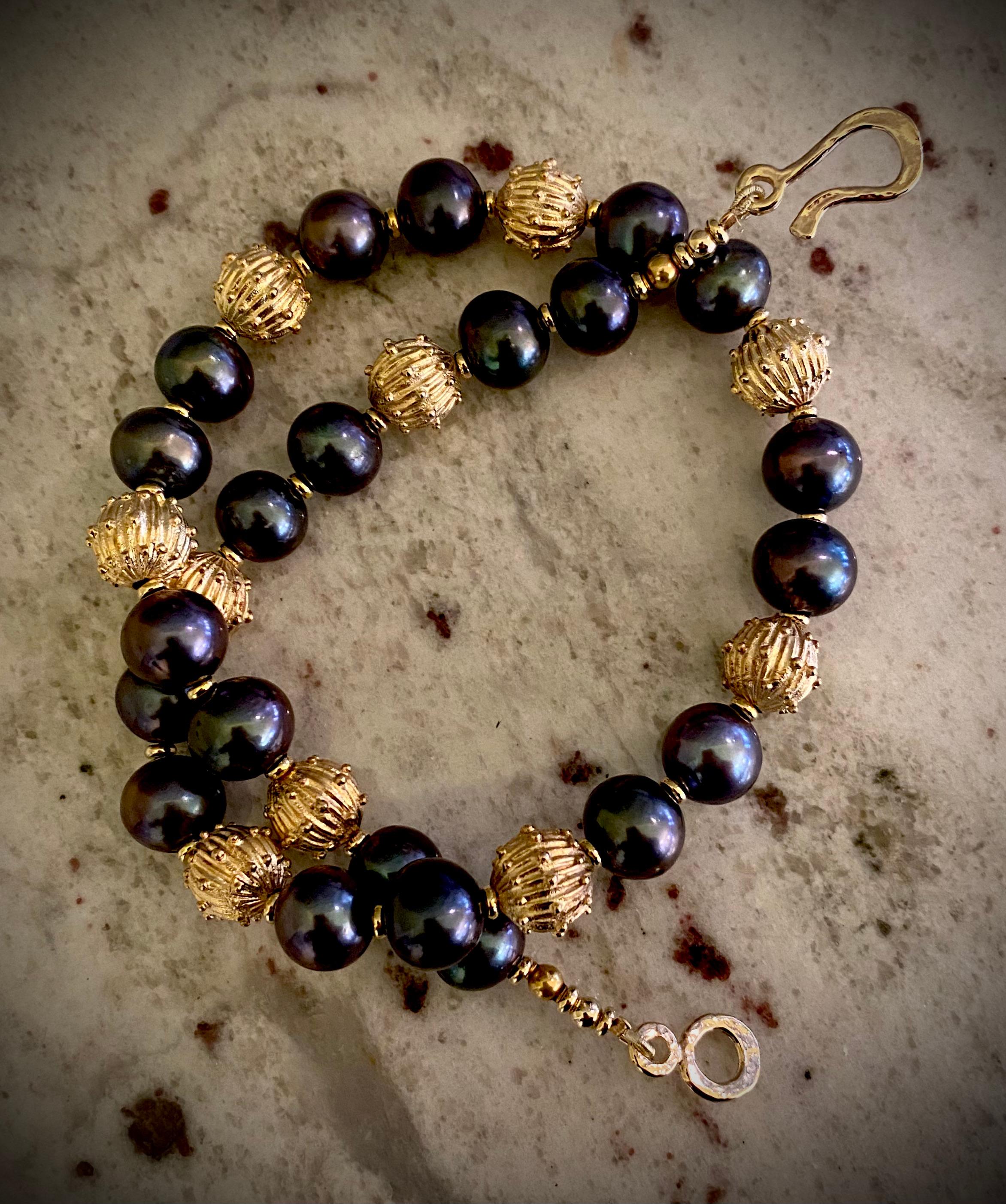 Women's or Men's Michael Kneebone Baroque Black Pearl Vermeil Granulated Bead Necklace For Sale