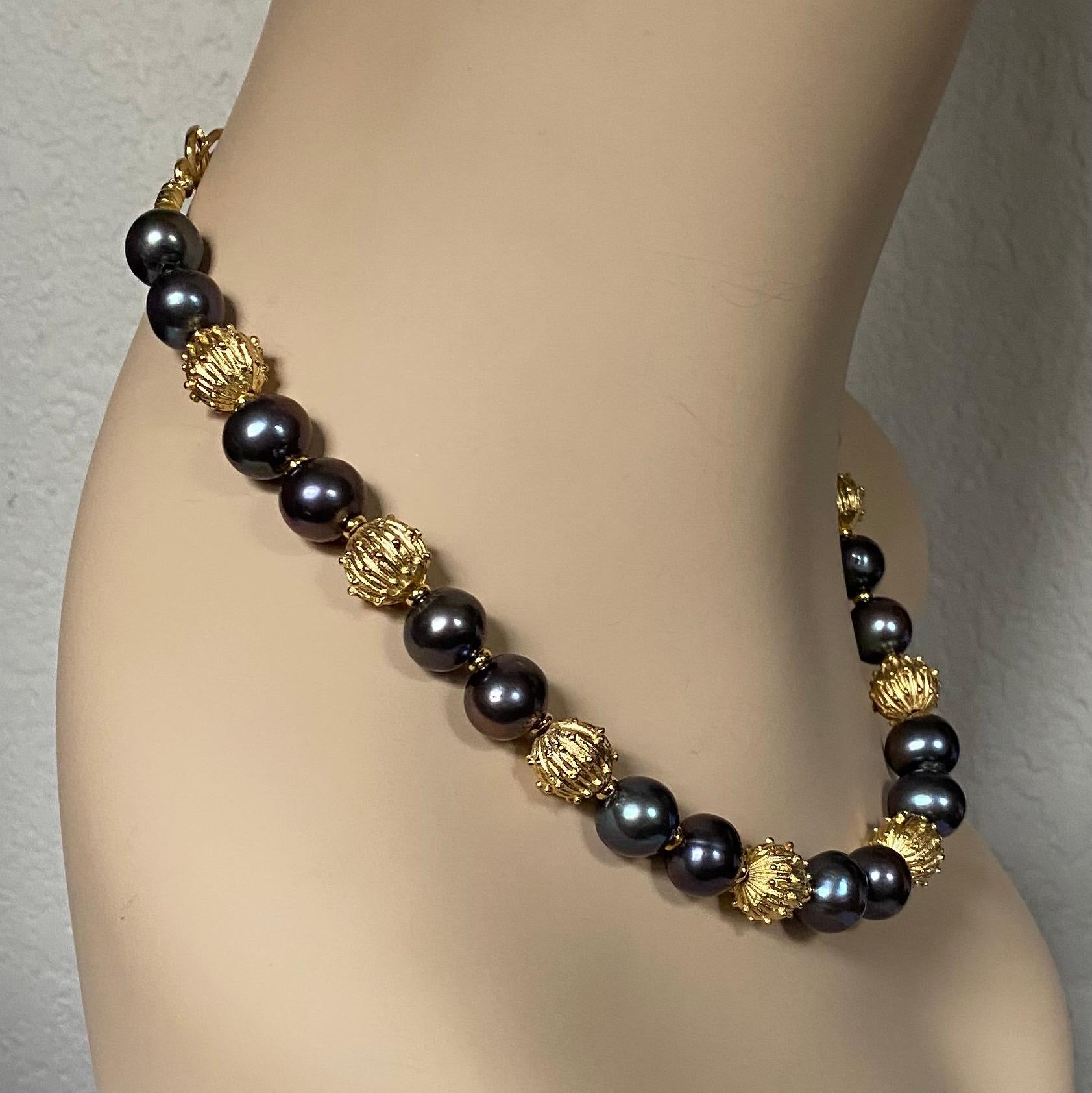 Michael Kneebone Baroque Black Pearl Vermeil Granulated Bead Necklace For Sale 1