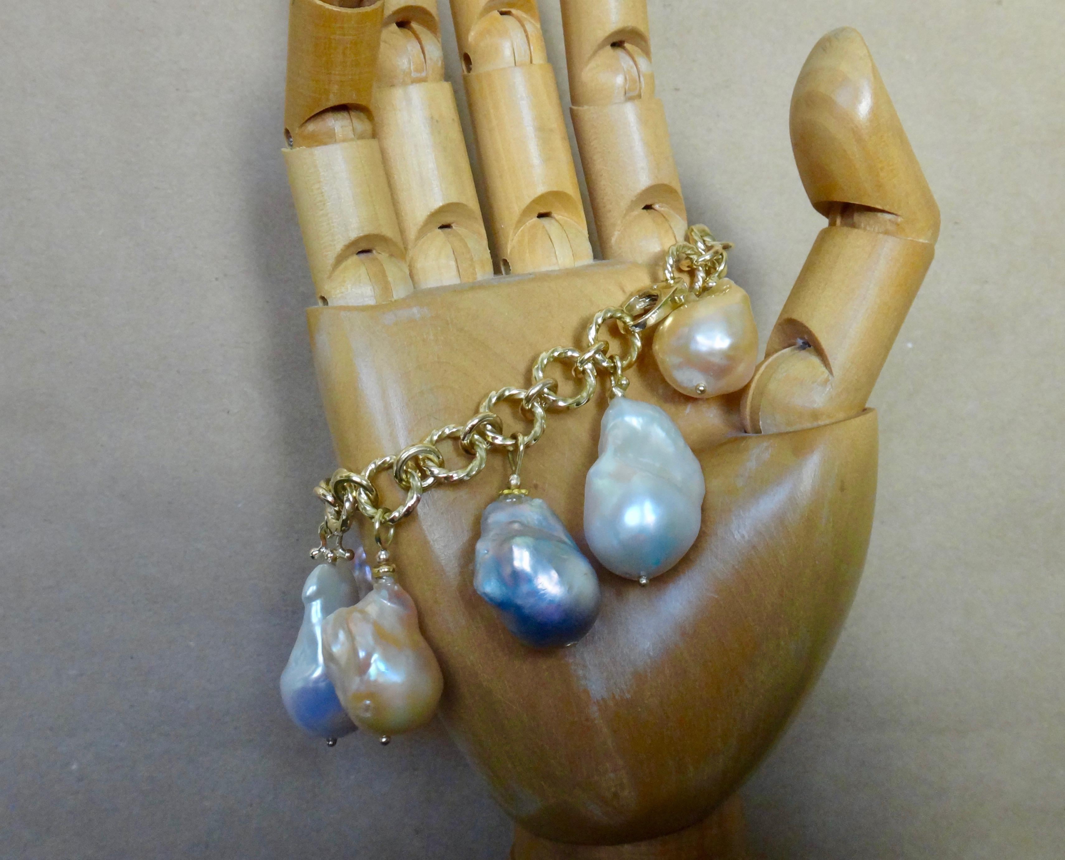 Michael Kneebone Baroque Colored Pearl 18 Karat Gold Charm Bracelet For Sale 3