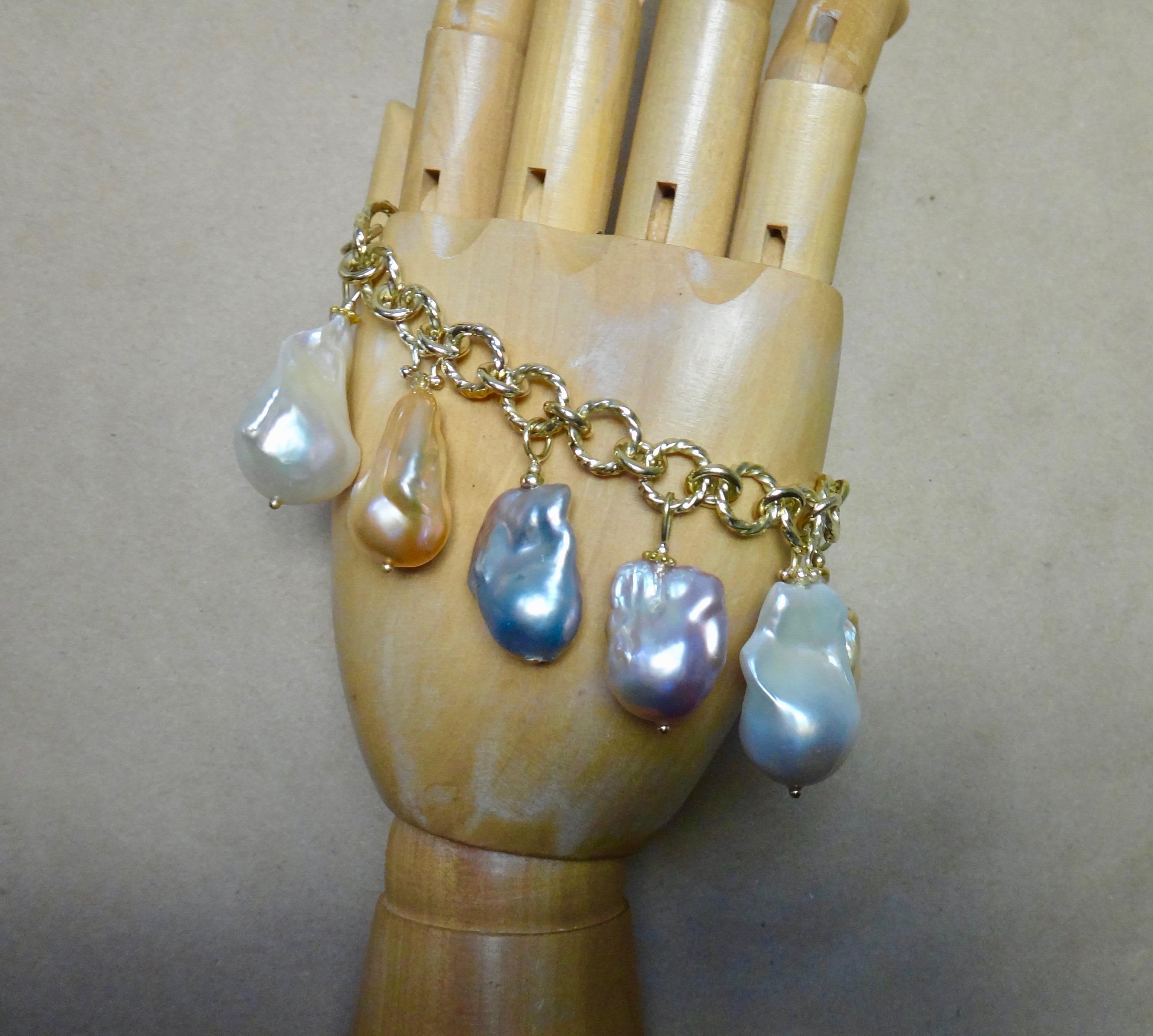 Bead Michael Kneebone Baroque Colored Pearl 18 Karat Gold Charm Bracelet For Sale