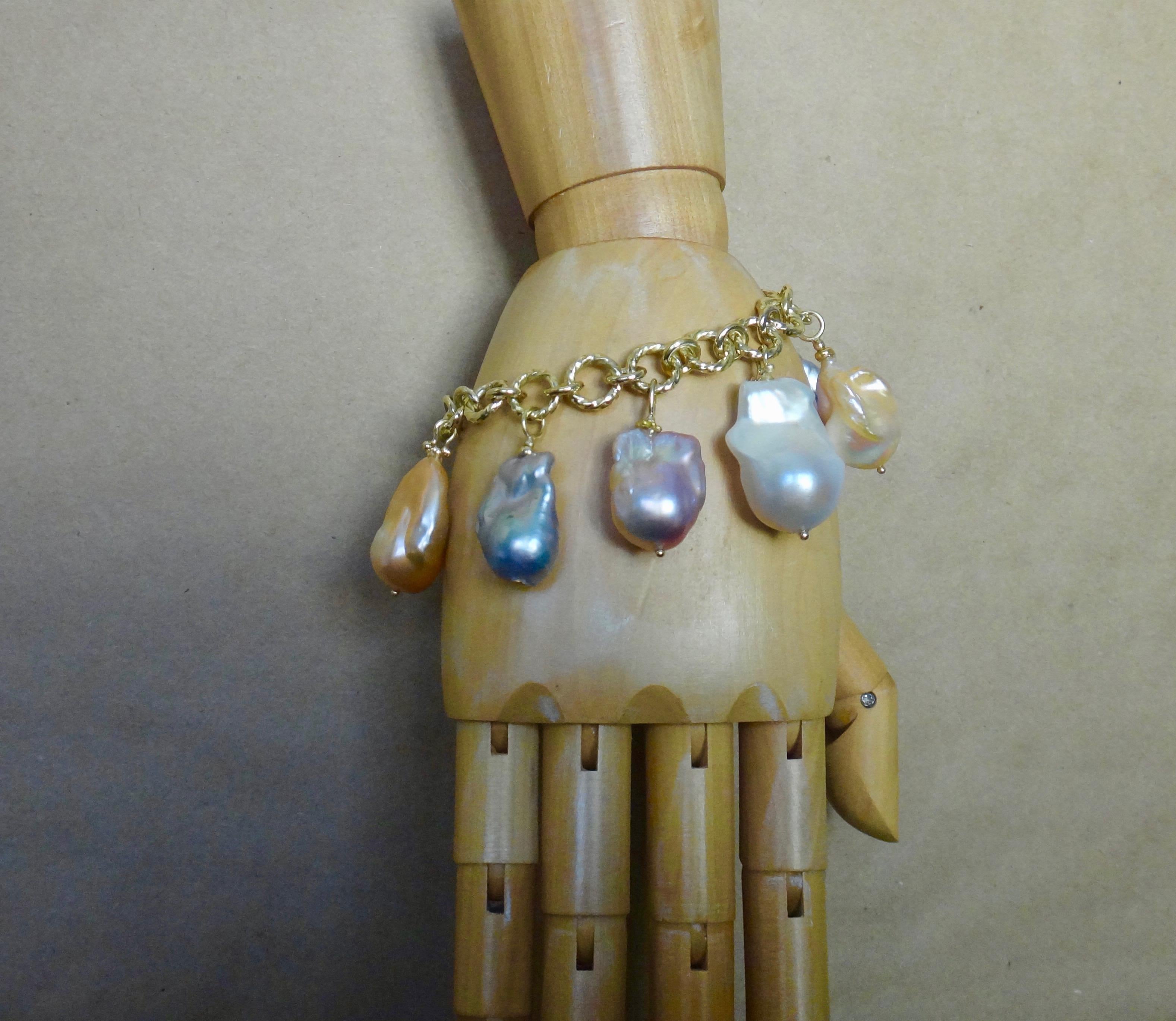 Michael Kneebone Baroque Colored Pearl 18 Karat Gold Charm Bracelet In New Condition For Sale In Austin, TX