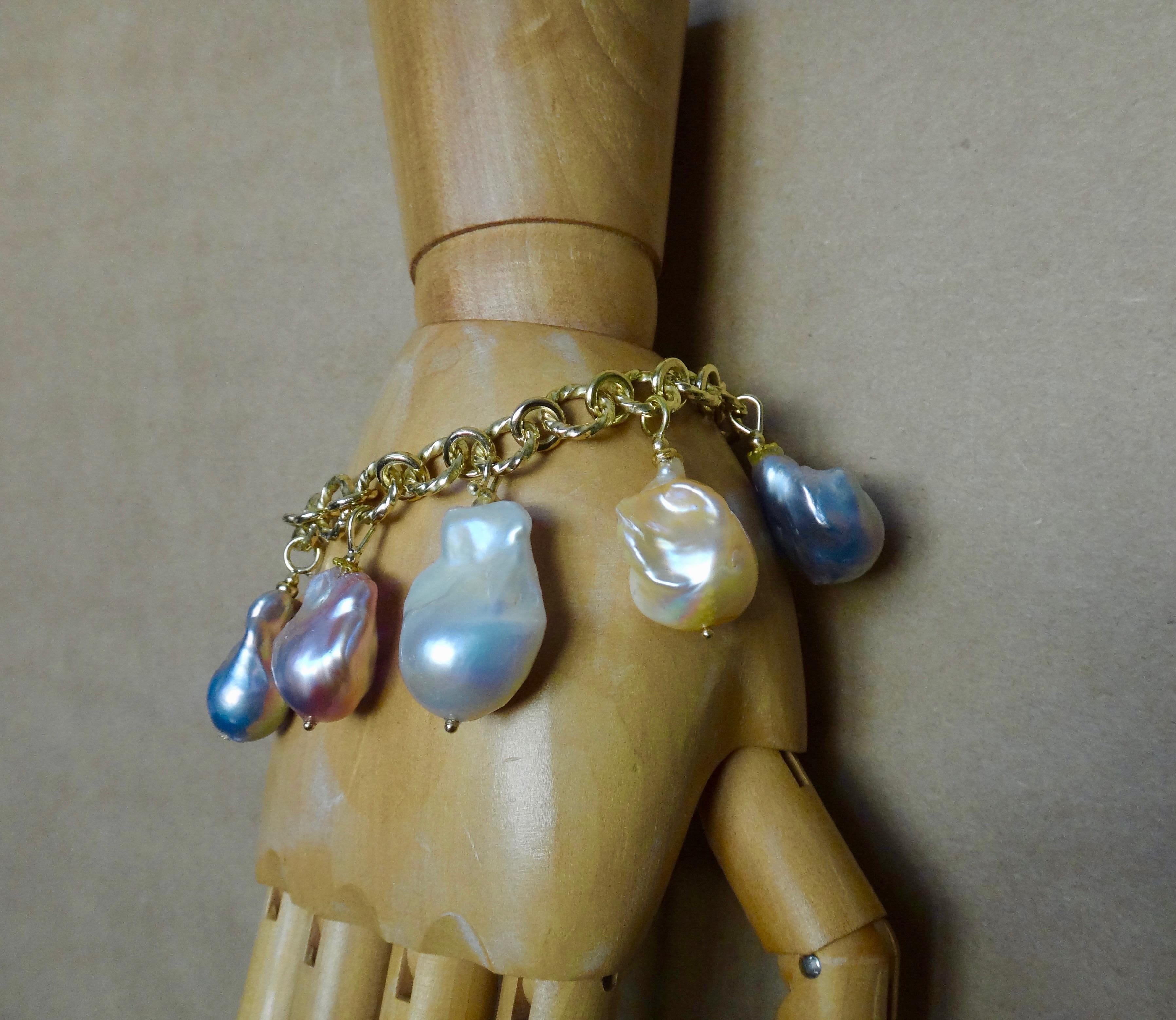 Michael Kneebone Baroque Colored Pearl 18 Karat Gold Charm Bracelet For Sale 1