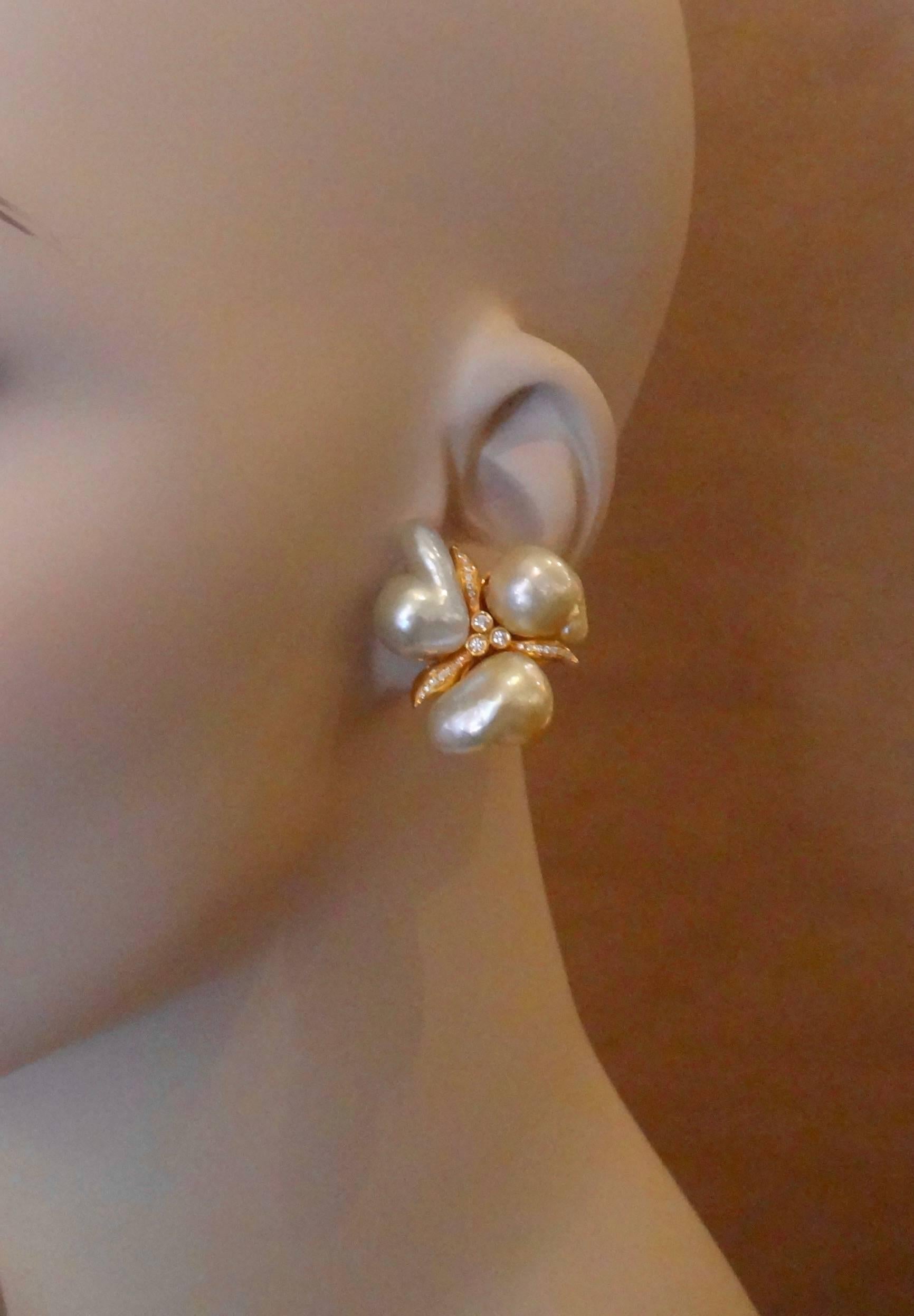Michael Kneebone Baroque Maluka Pearl Diamond 18K Gold Cluster Earrings 1