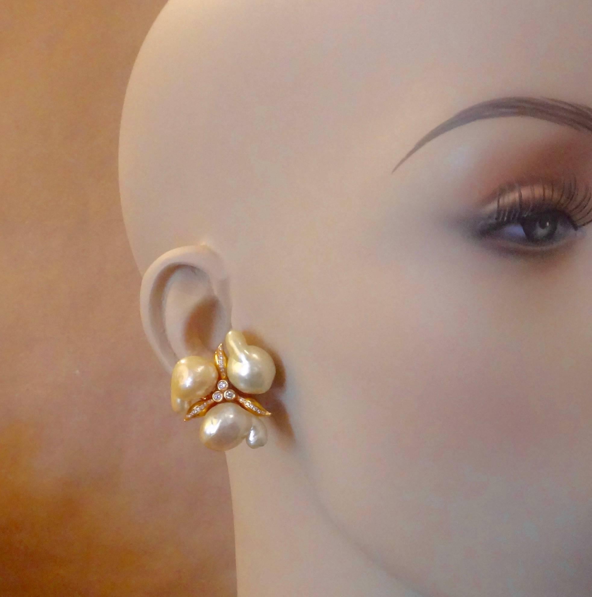 Michael Kneebone Baroque Maluka Pearl Diamond 18K Gold Cluster Earrings 2
