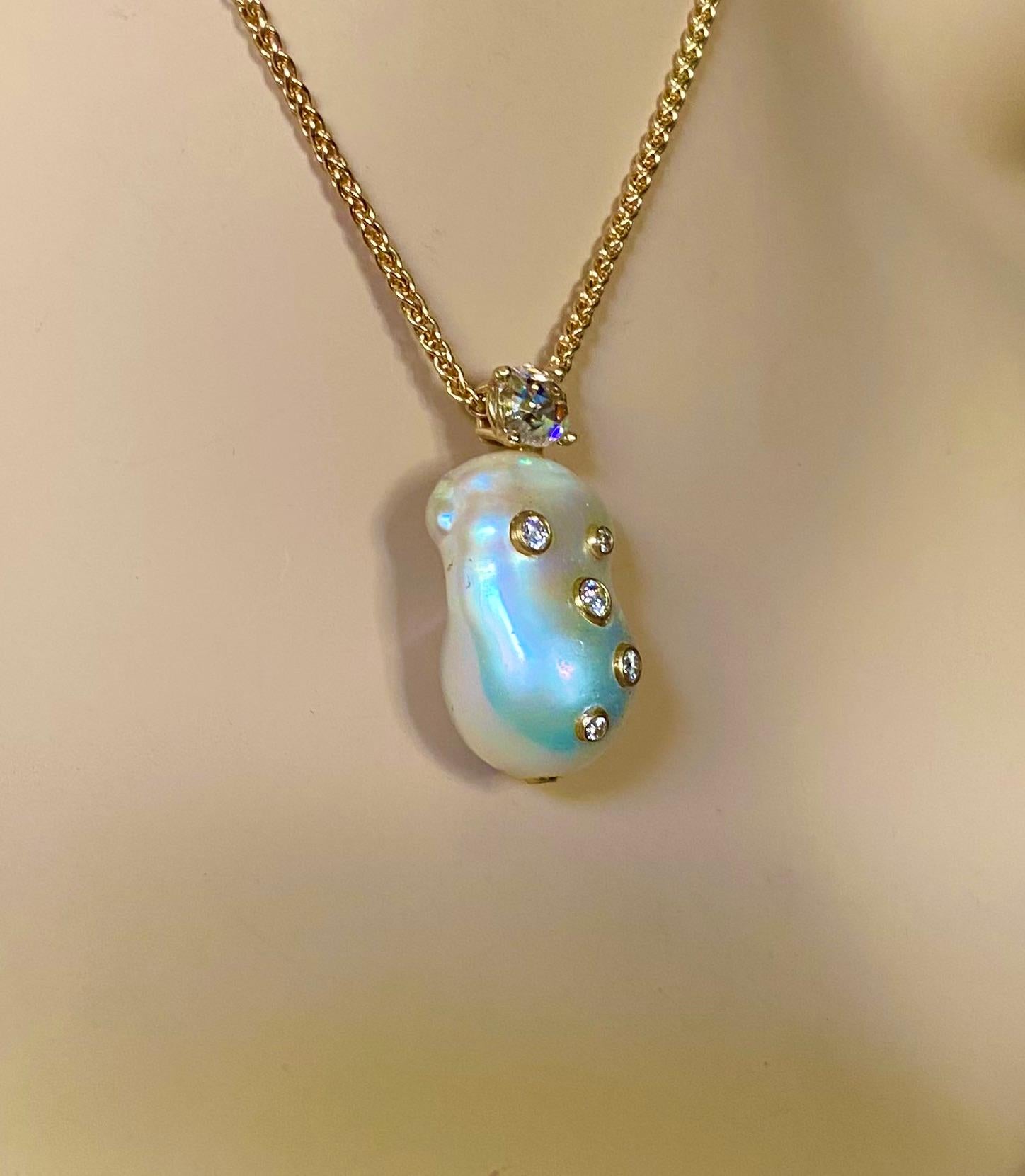 Contemporary Michael Kneebone Baroque Pearl Brilliant Cut Rose Cut Diamond Pendant For Sale