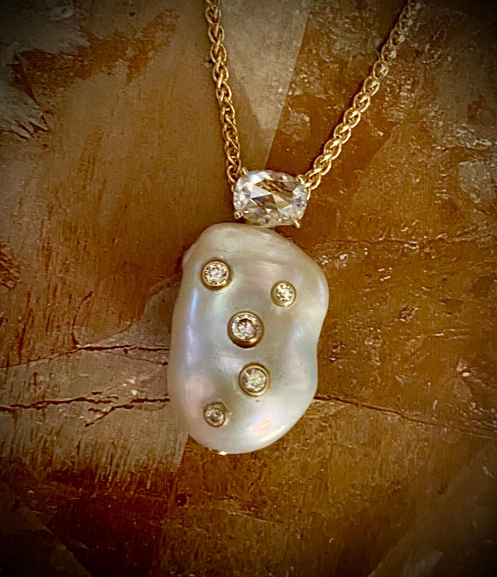 Mixed Cut Michael Kneebone Baroque Pearl Brilliant Cut Rose Cut Diamond Pendant For Sale