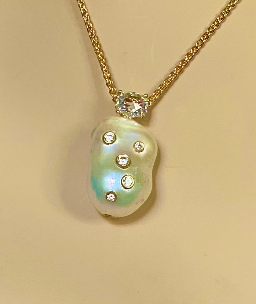 Michael Kneebone Baroque Pearl Brilliant Cut Rose Cut Diamond Pendant In New Condition For Sale In Austin, TX