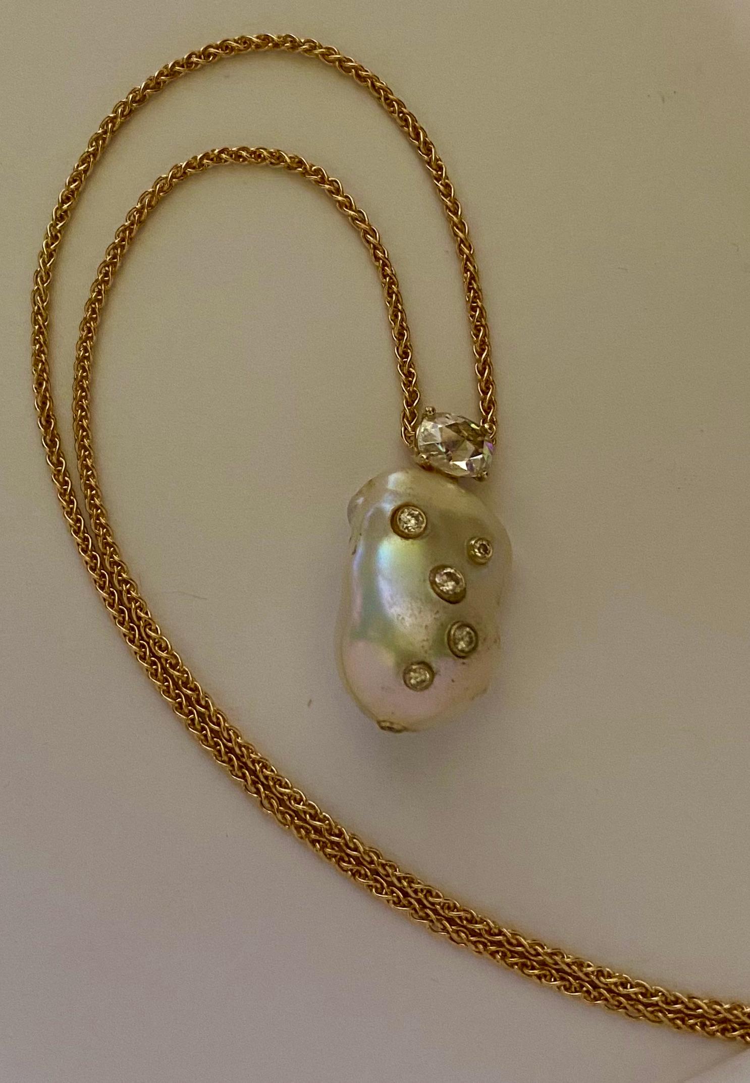 Women's or Men's Michael Kneebone Baroque Pearl Brilliant Cut Rose Cut Diamond Pendant For Sale