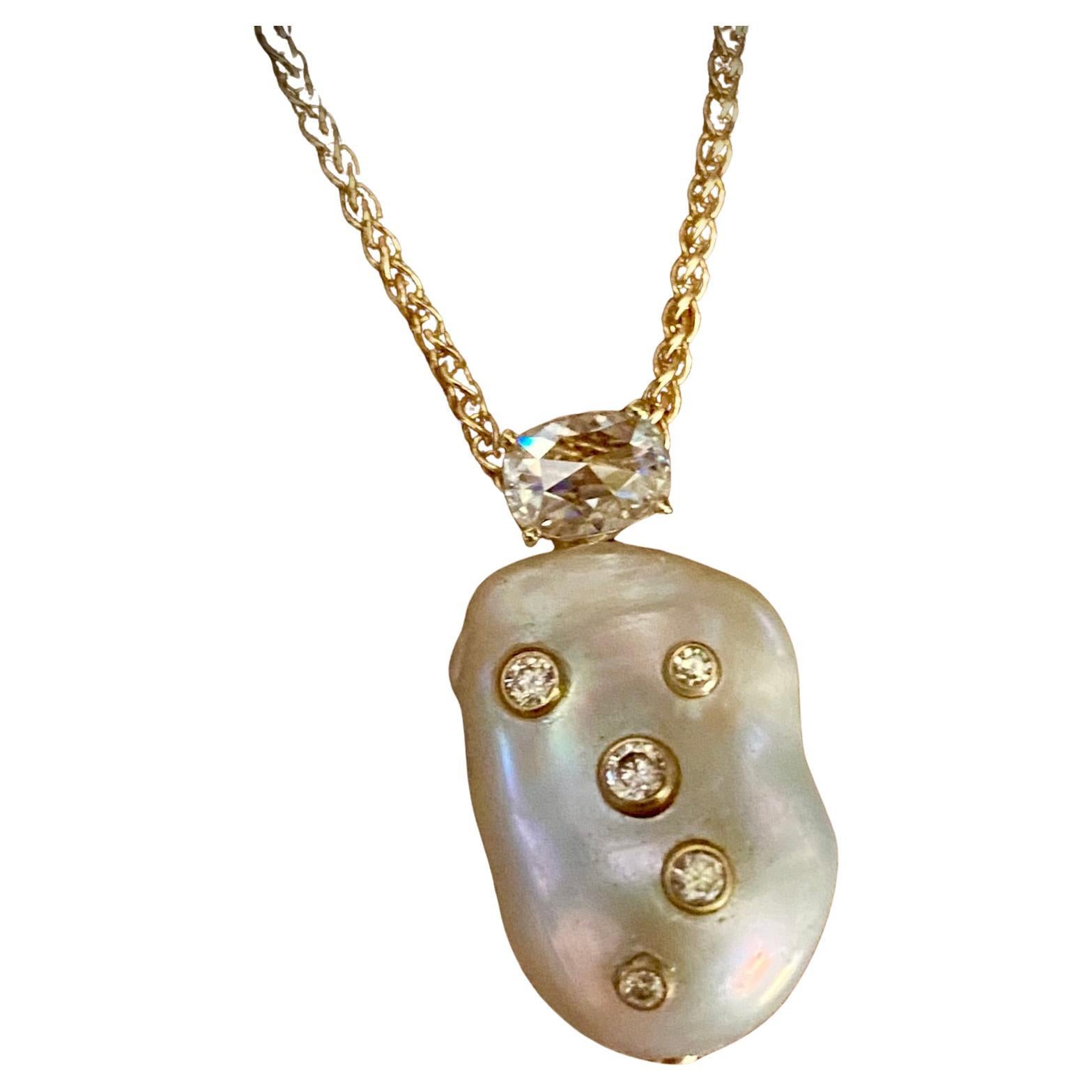 Michael Kneebone Baroque Pearl Brilliant Cut Rose Cut Diamond Pendant