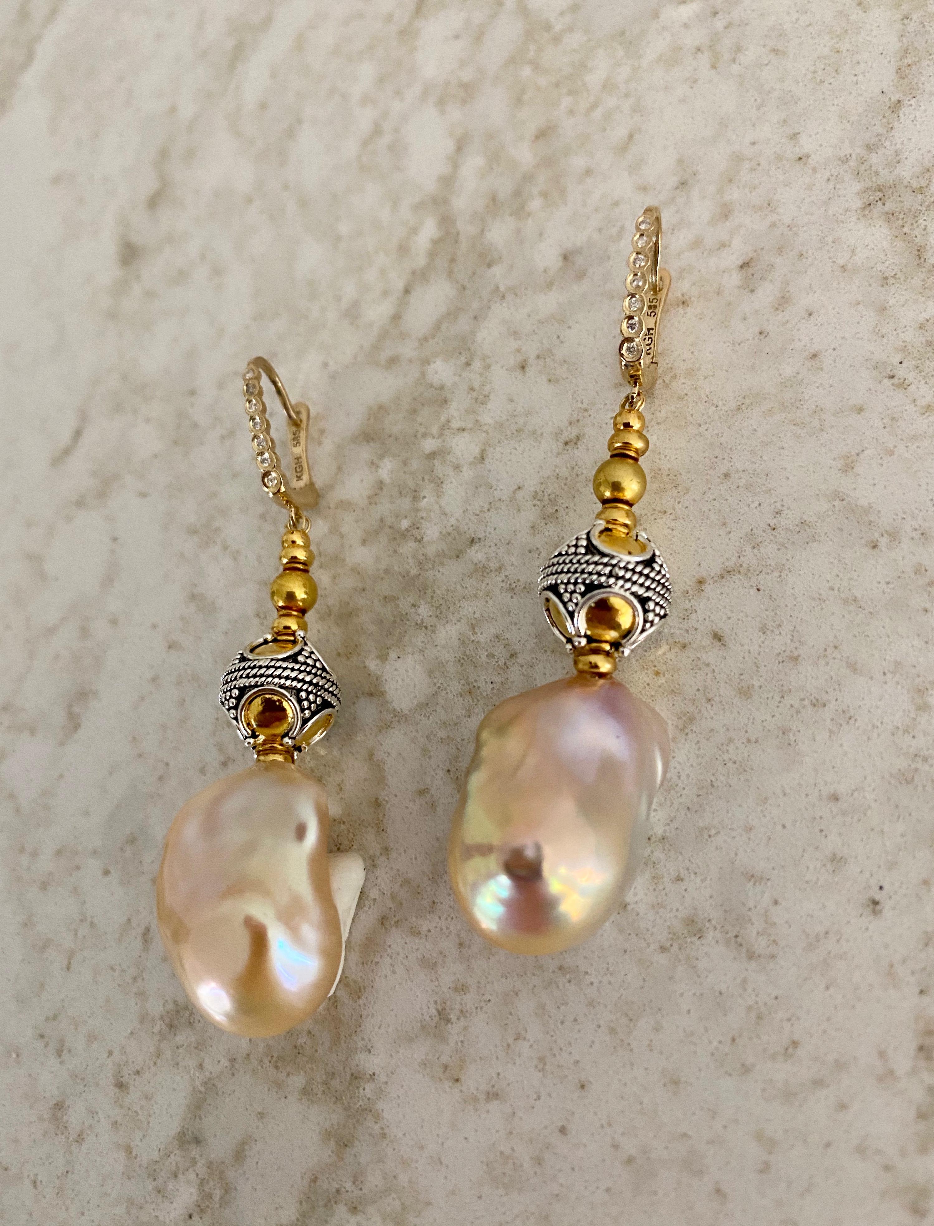 Michael Kneebone Baroque Pearl Diamond Granulated Bead Dangle Earrings For Sale 4