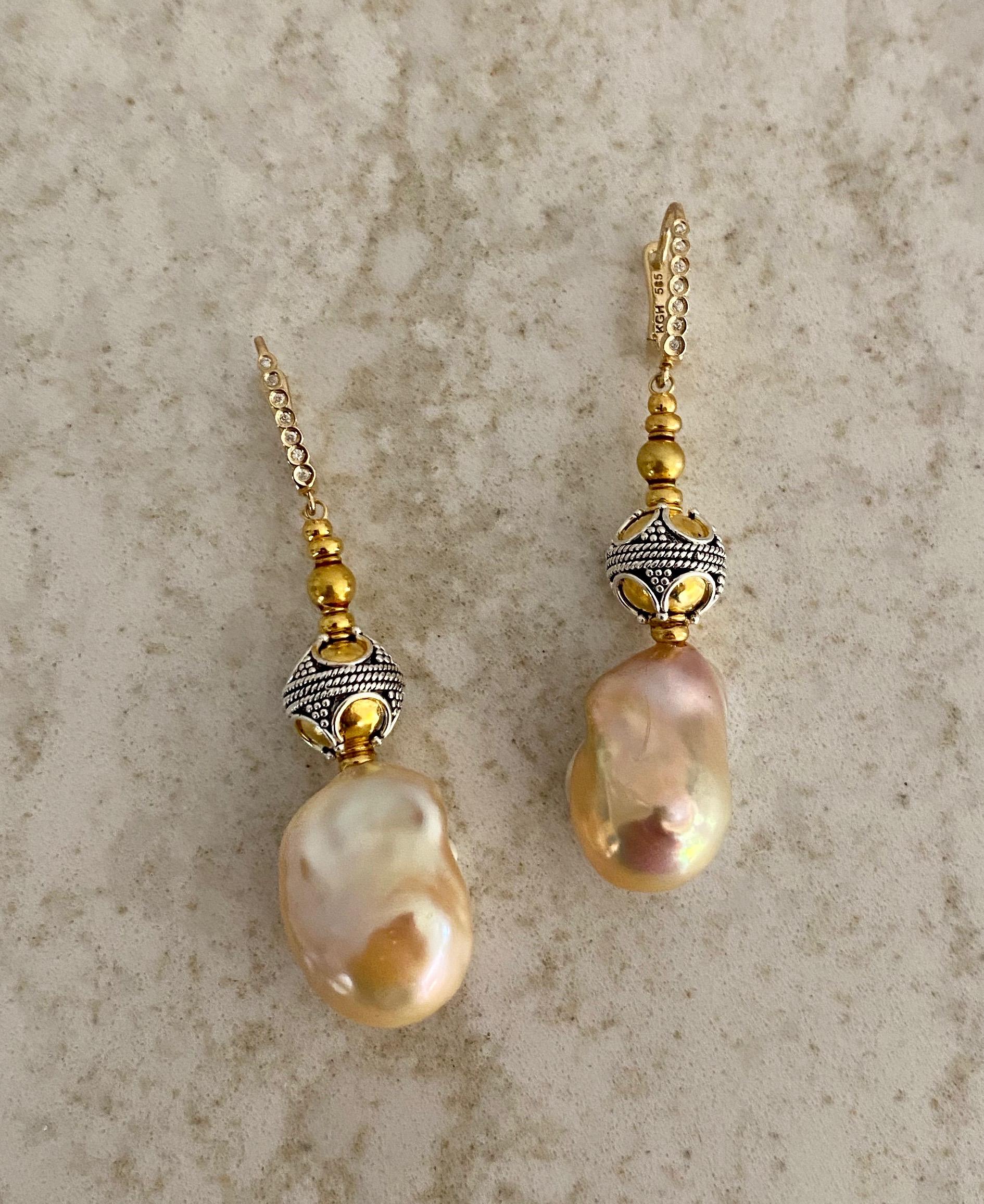 Women's Michael Kneebone Baroque Pearl Diamond Granulated Bead Dangle Earrings For Sale